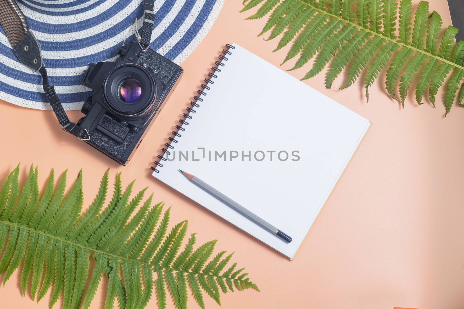 Retro camera with travel accessories and items on beige background with copy space, Travel concept, planning vocation