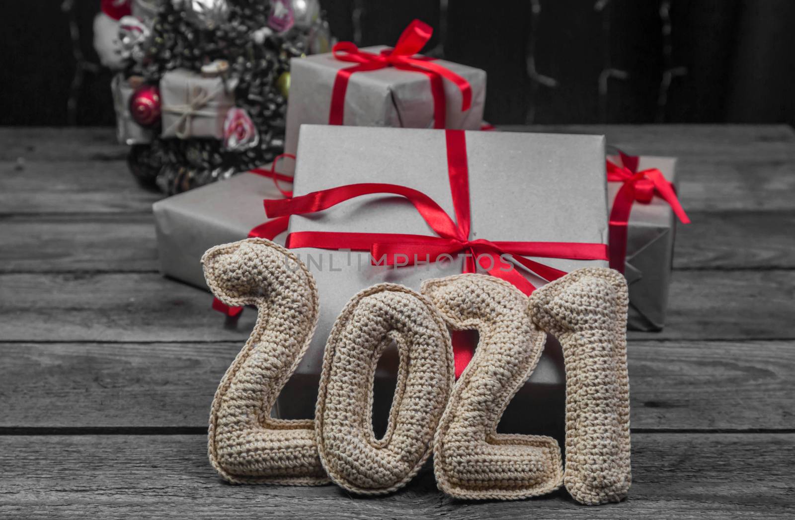 Happy chinese new year 2021 background with crocheted numbers 2021 by galinasharapova