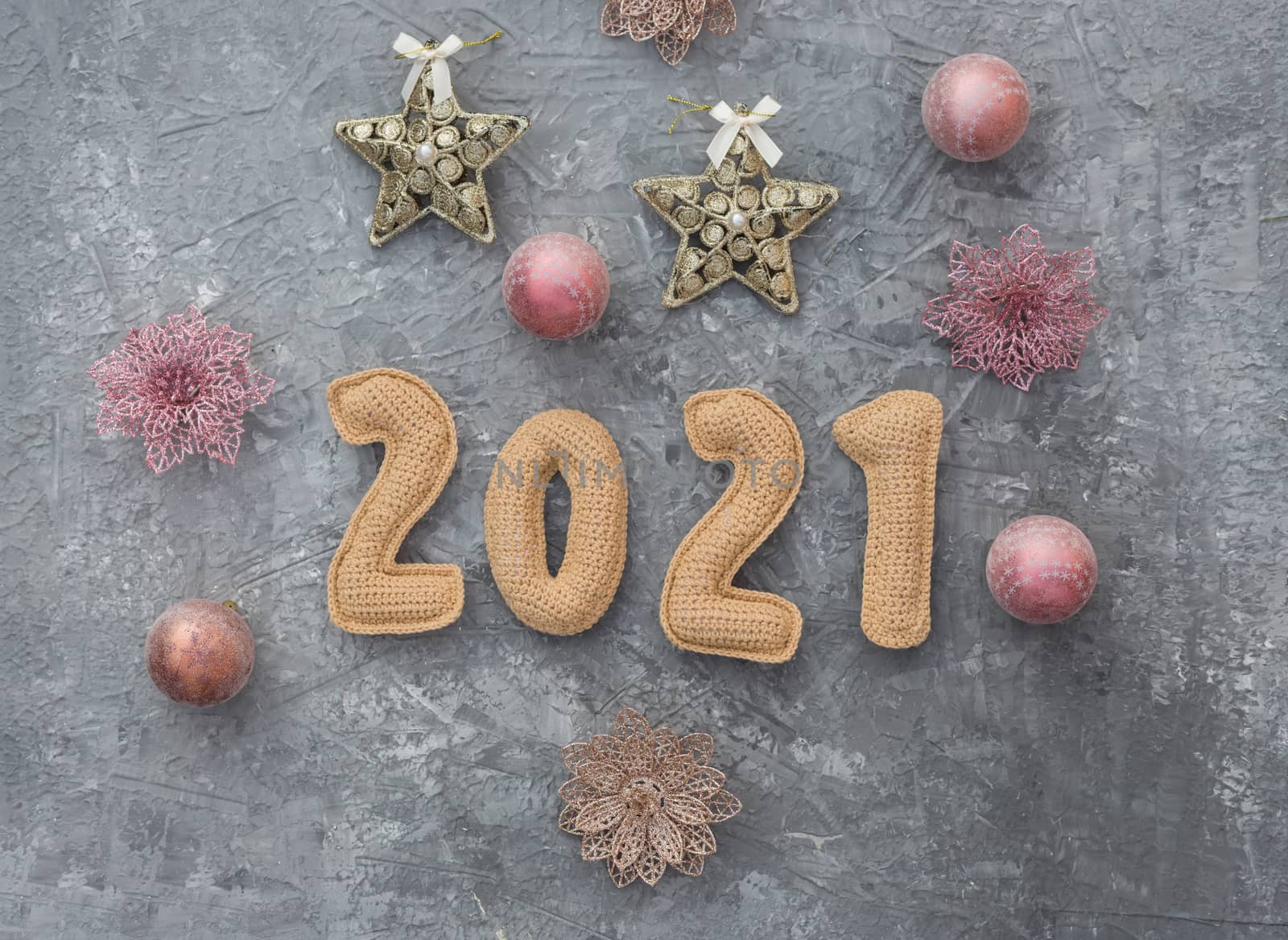 Christmas background with chroched 2021 number with copy space top view by galinasharapova