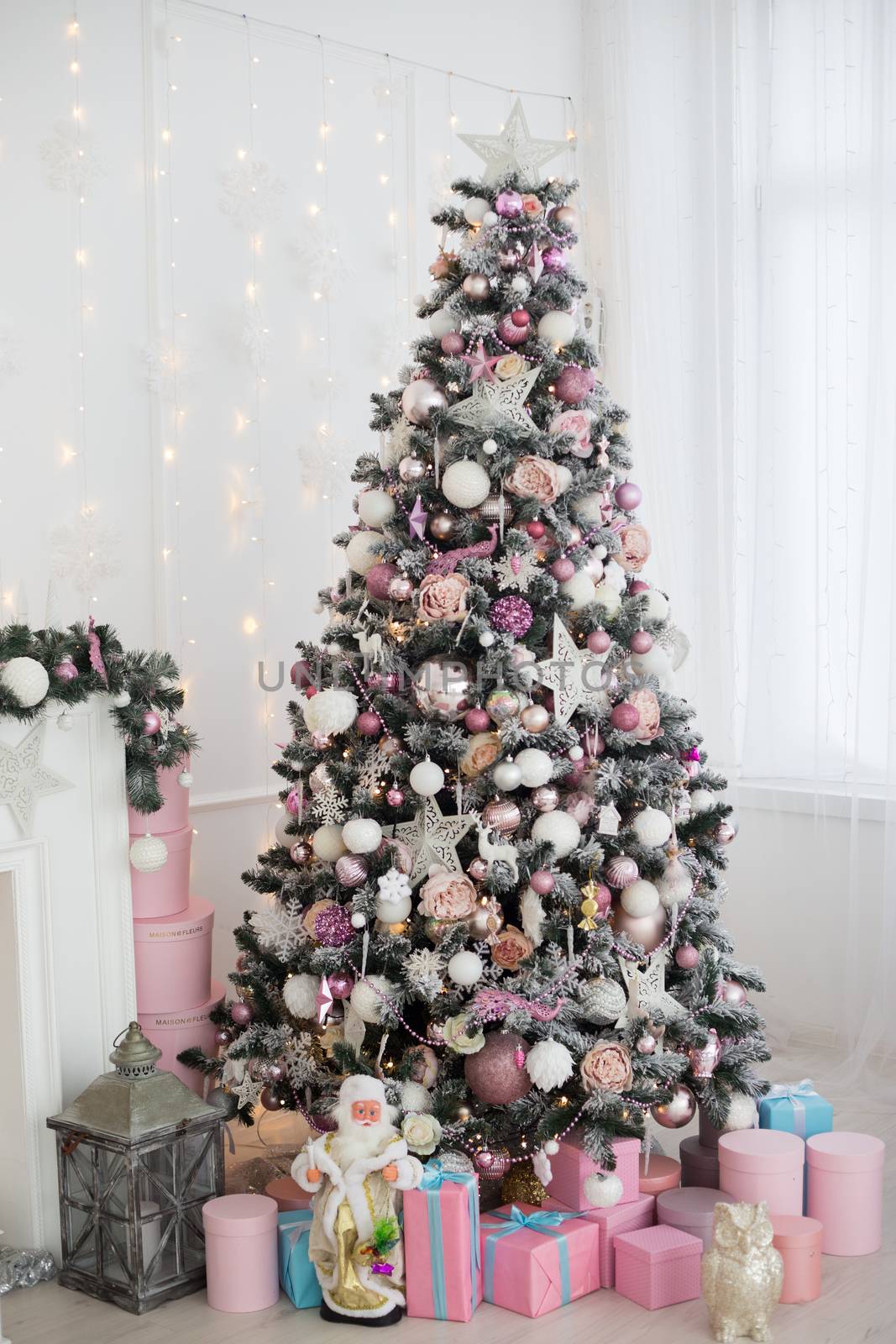 Green and White Christmas tree with pink toys new year winter gifts decor by galinasharapova
