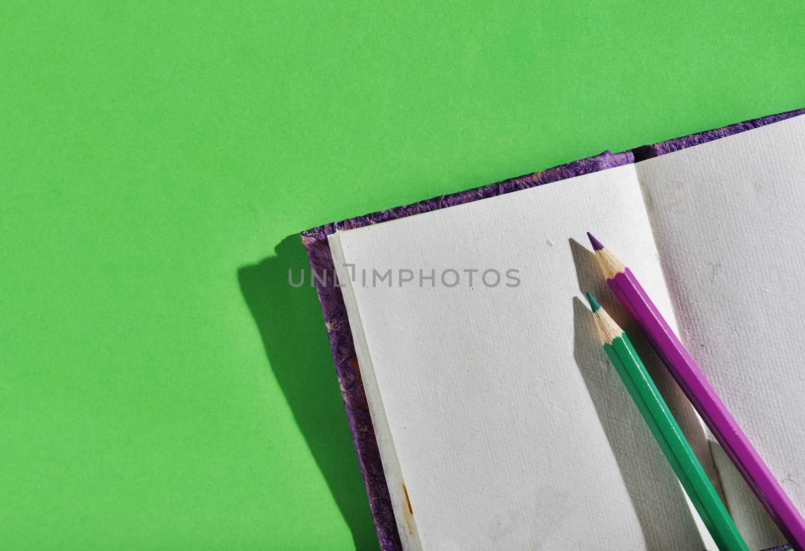 Opened notebook with purple and green pencils on green background , textured notebook pages