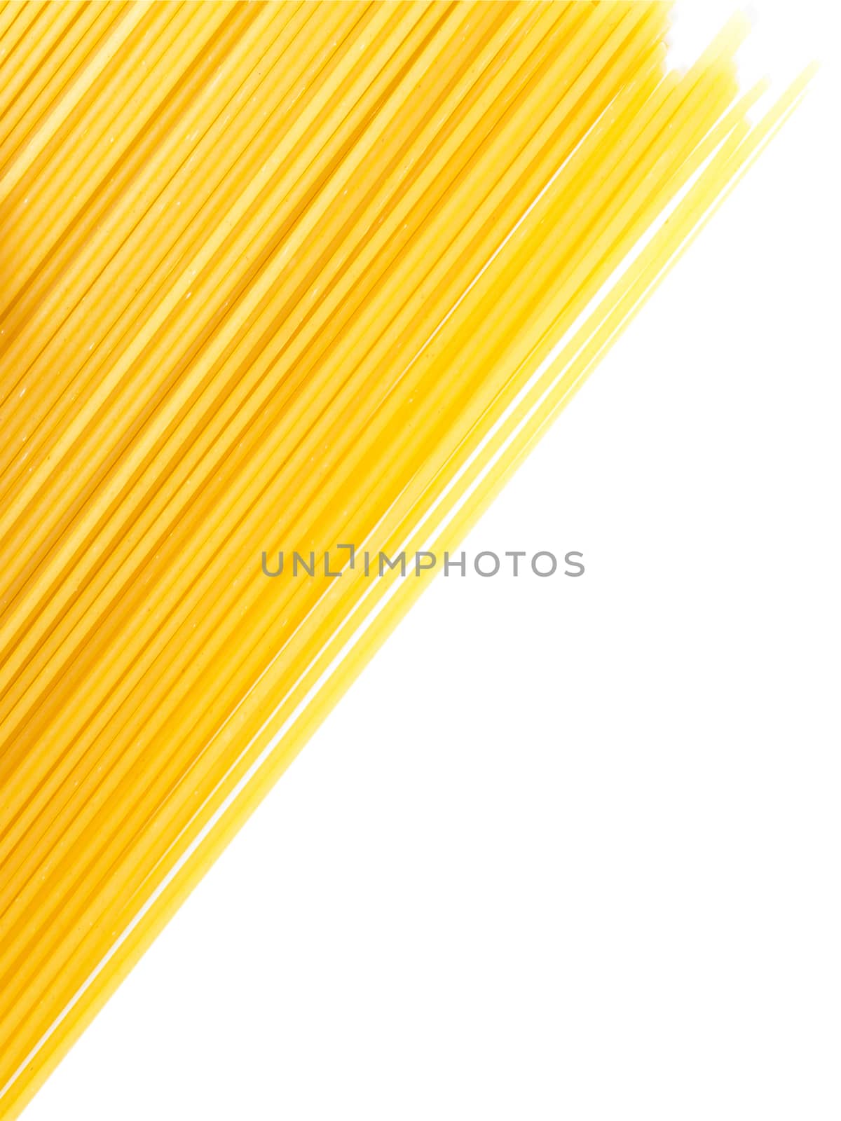 Raw spaghetti on white background with space for text. Vertical flat lay.