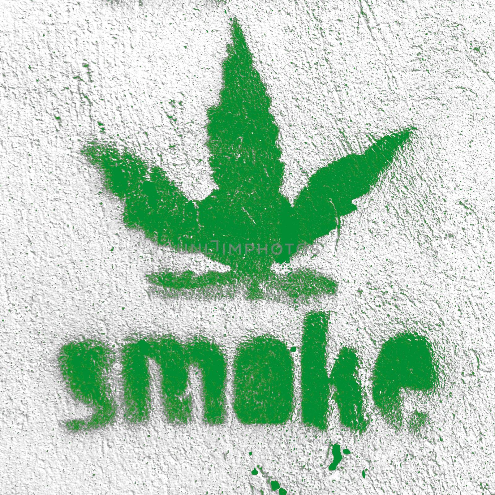 Marijuana leaf symbol on grungy wall with "smoke" message
