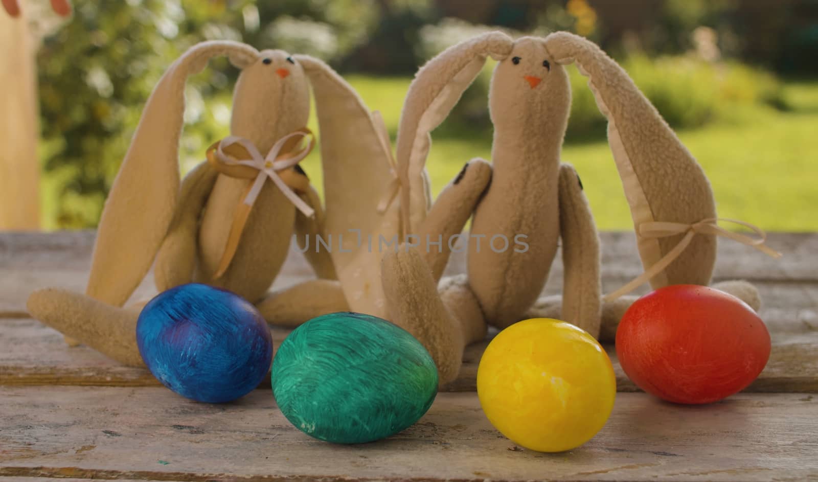 Close up multicolored painted Easter eggs and two Easter bunnies on wooden table in the garden. Holiday concept