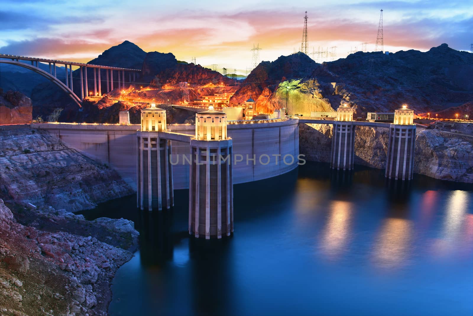 The Hoover Dam at sunset near Lake Mead, Boulder, Nevada USA.