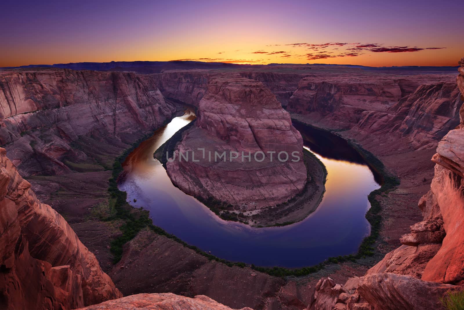 A colorful sunset at Horseshoe Bend in Page, Arizona USA