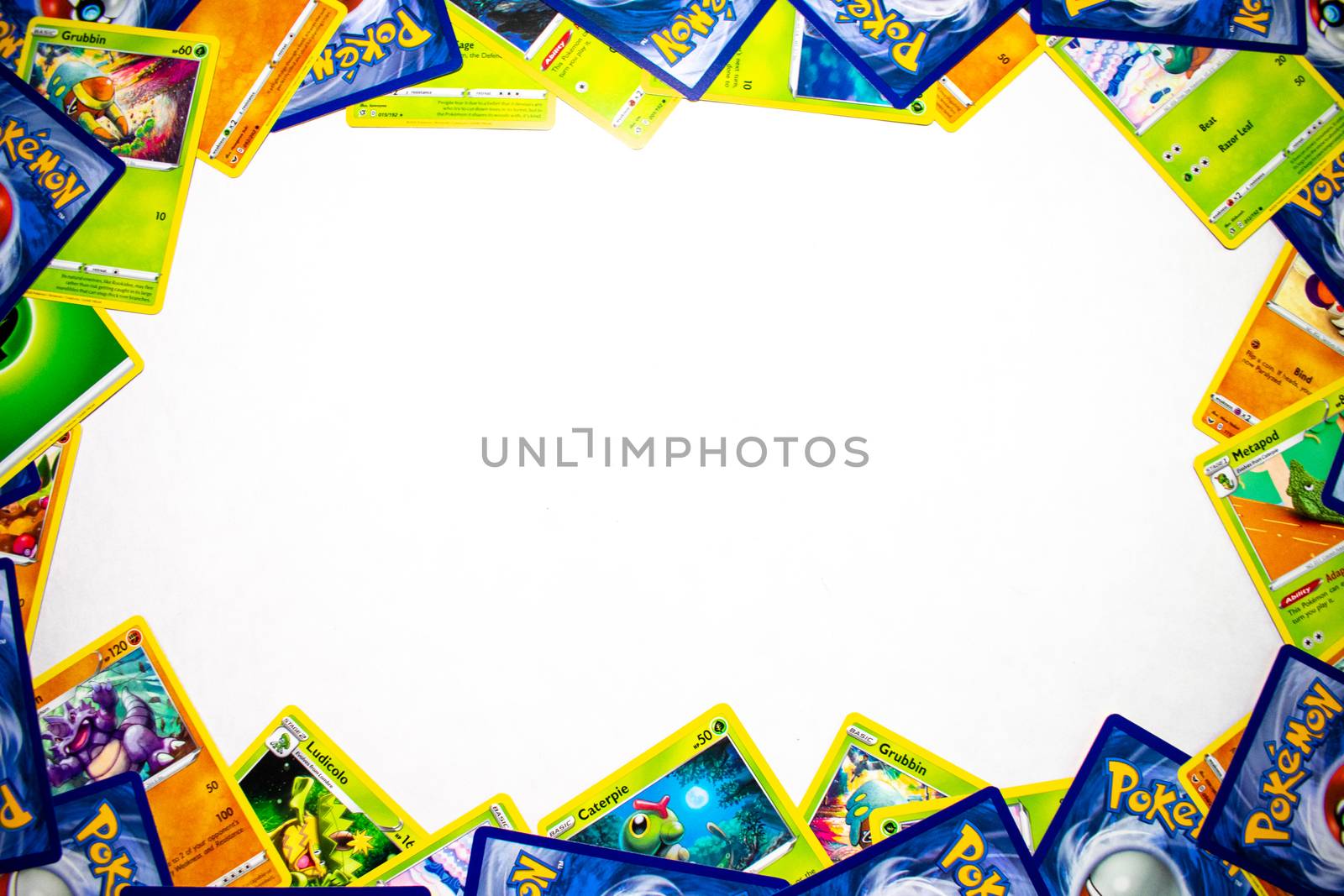 ELKINS PARK, PENNSYLVANIA-MAY 11,2020 : Pokemon Cards Bordering a White Background. Young Children in Elkins Park use these cards to do battle.