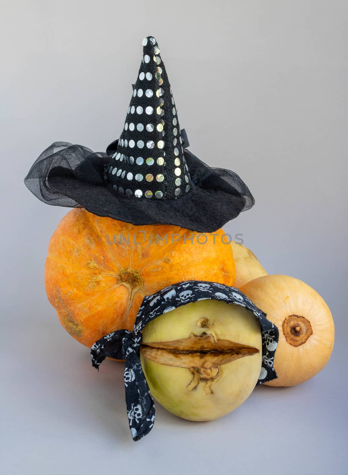 The Concept Of Halloween. Orange pumpkin in a witch's hat, pumpkin and turnip in a pirate bandana by lapushka62