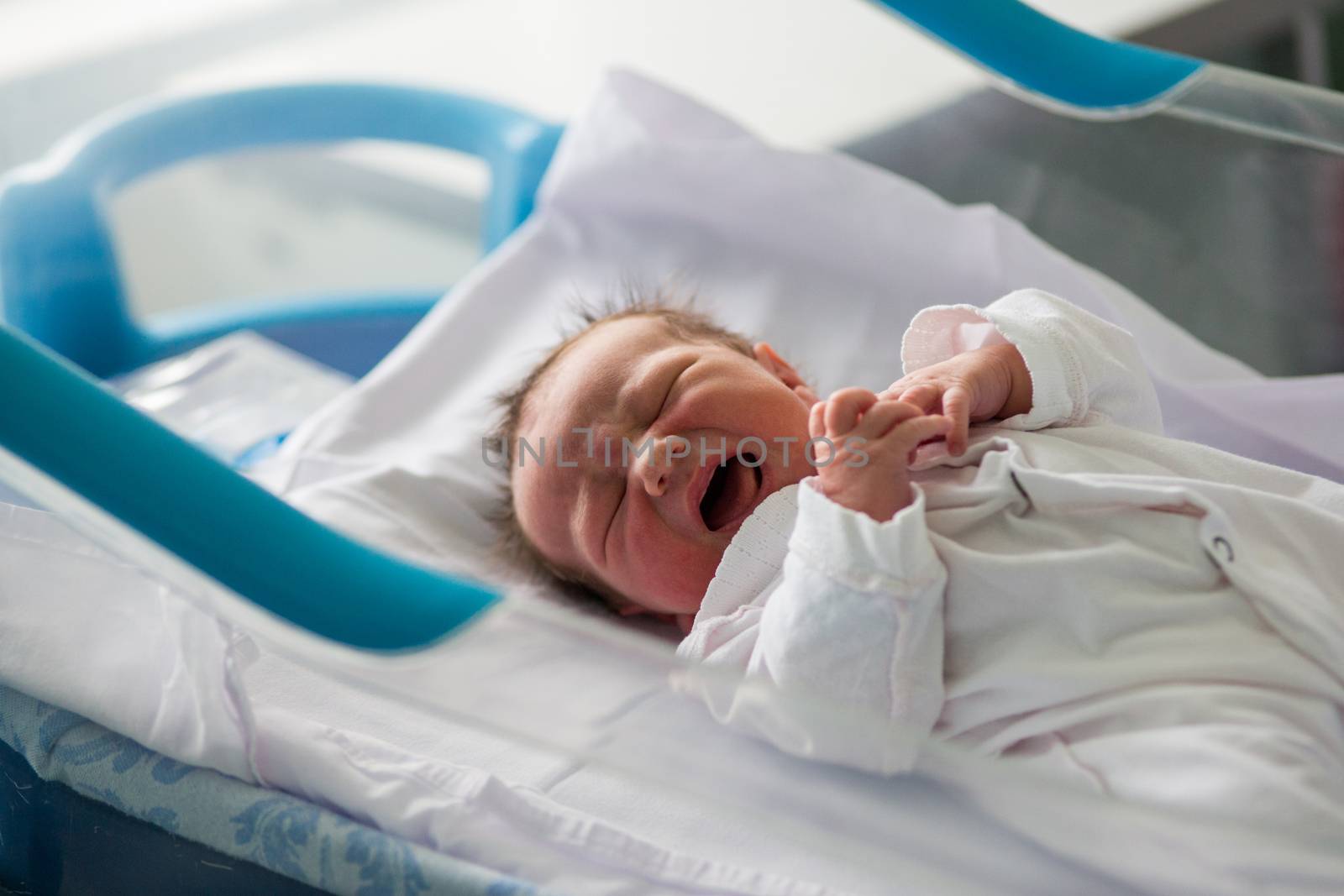 Beautiful newborn baby boy, laying in a small crib holding his father finger in prenatal hospital