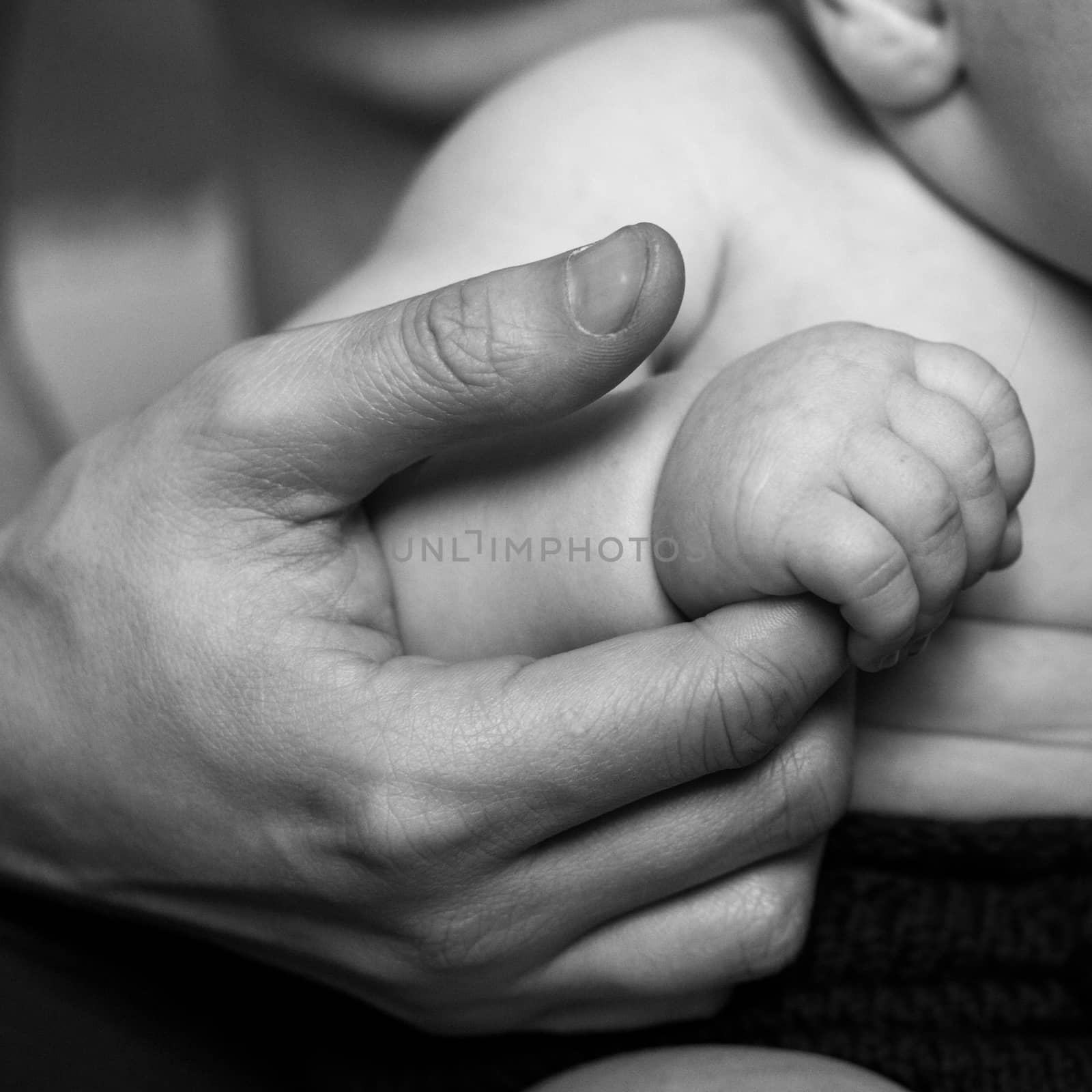 the baby boy holds the finger of his dad with a small hand.