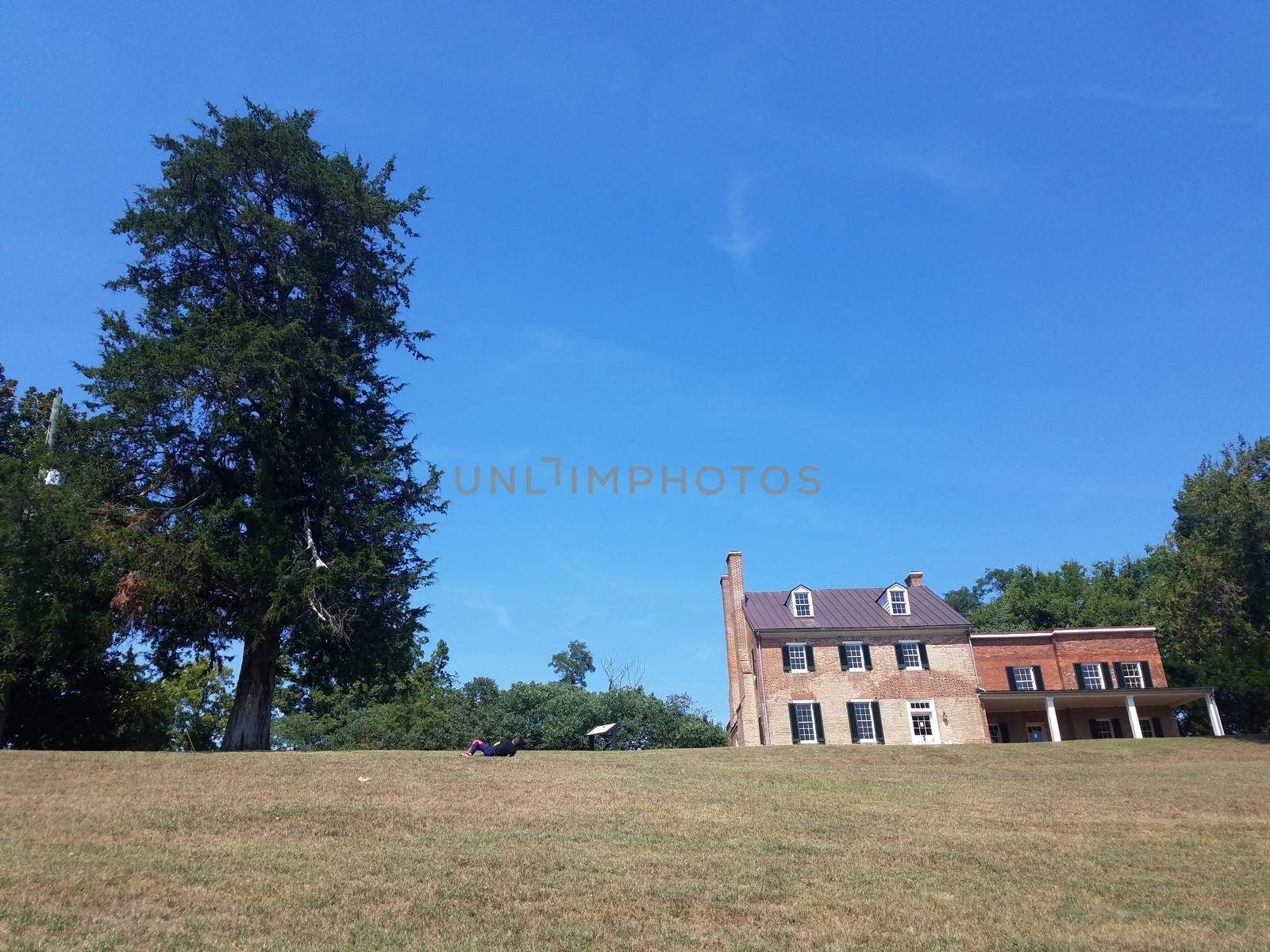 child rolling down a grassy hill or lawn with house
