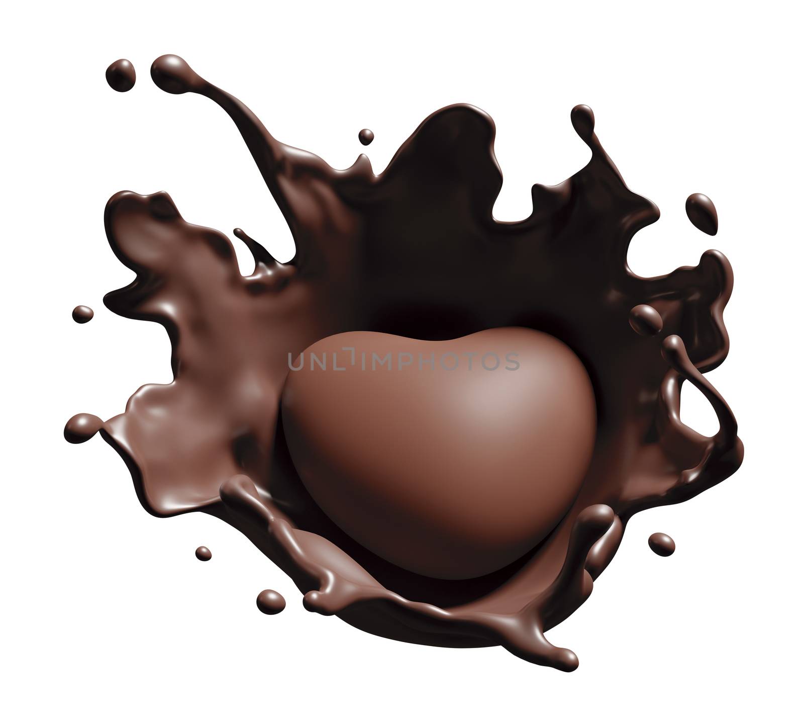 Chocolate heart splash on white background for valentine's day 3d render