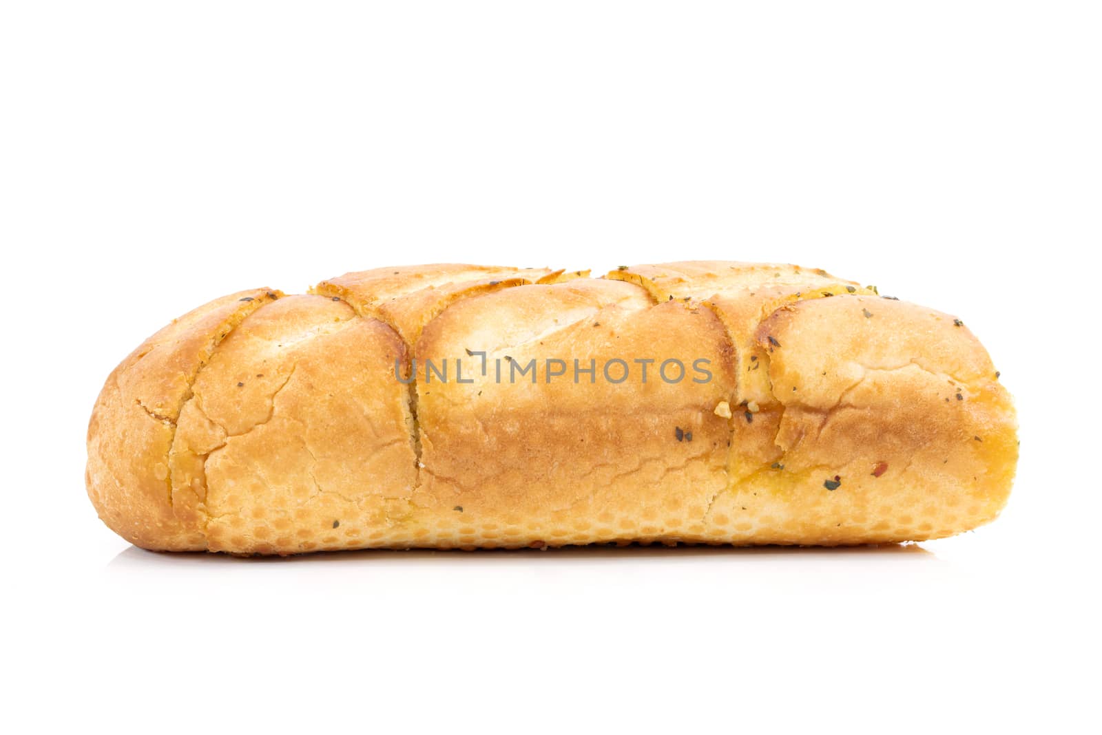 Tasty bread with garlic cheese and herbs on a white background