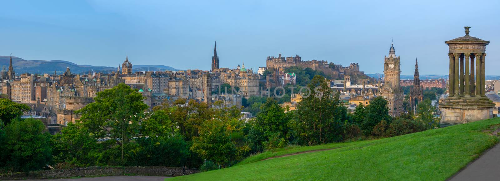 Panorama Of The Beautiful Old Town Of Edinburgh, Including the Castle, As Taken From Calton Hill In Soft Morning Light