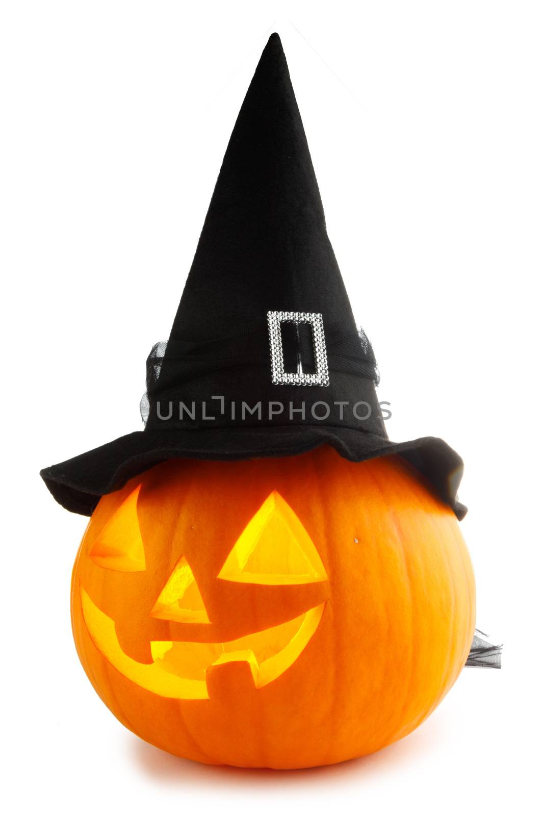 Jack O Lantern Halloween pumpkin with witches hat isolated on white background