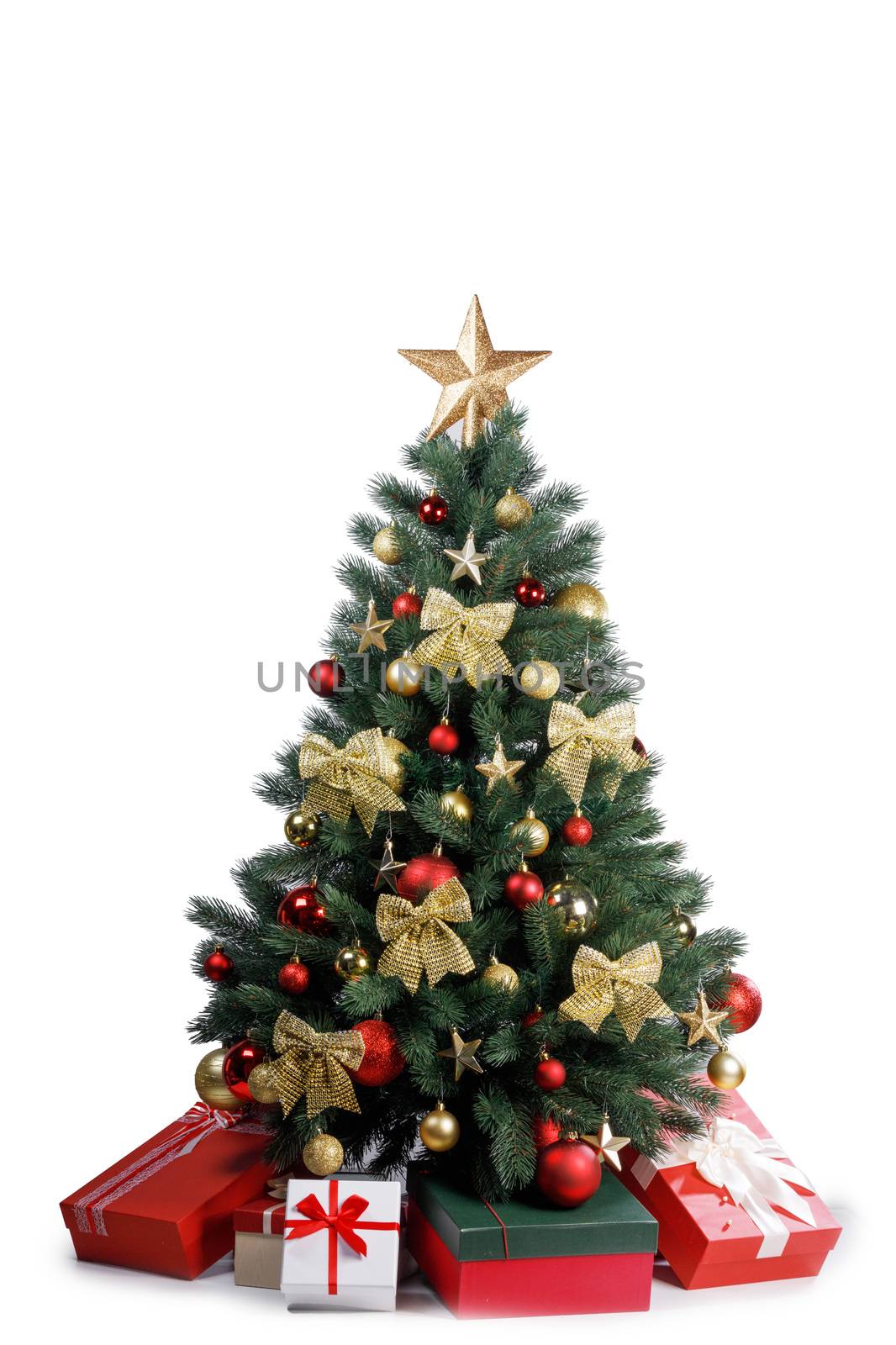 Christmas tree and gifts isolated on white background