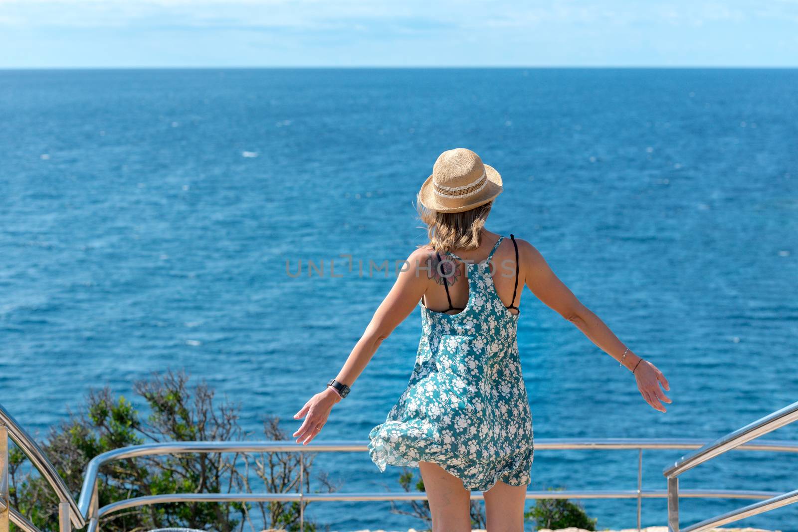 LLoret de Mar, Spain : 2020 Sept 2 : Young blonde on the sea in Lloret de Mar in Summer 2020