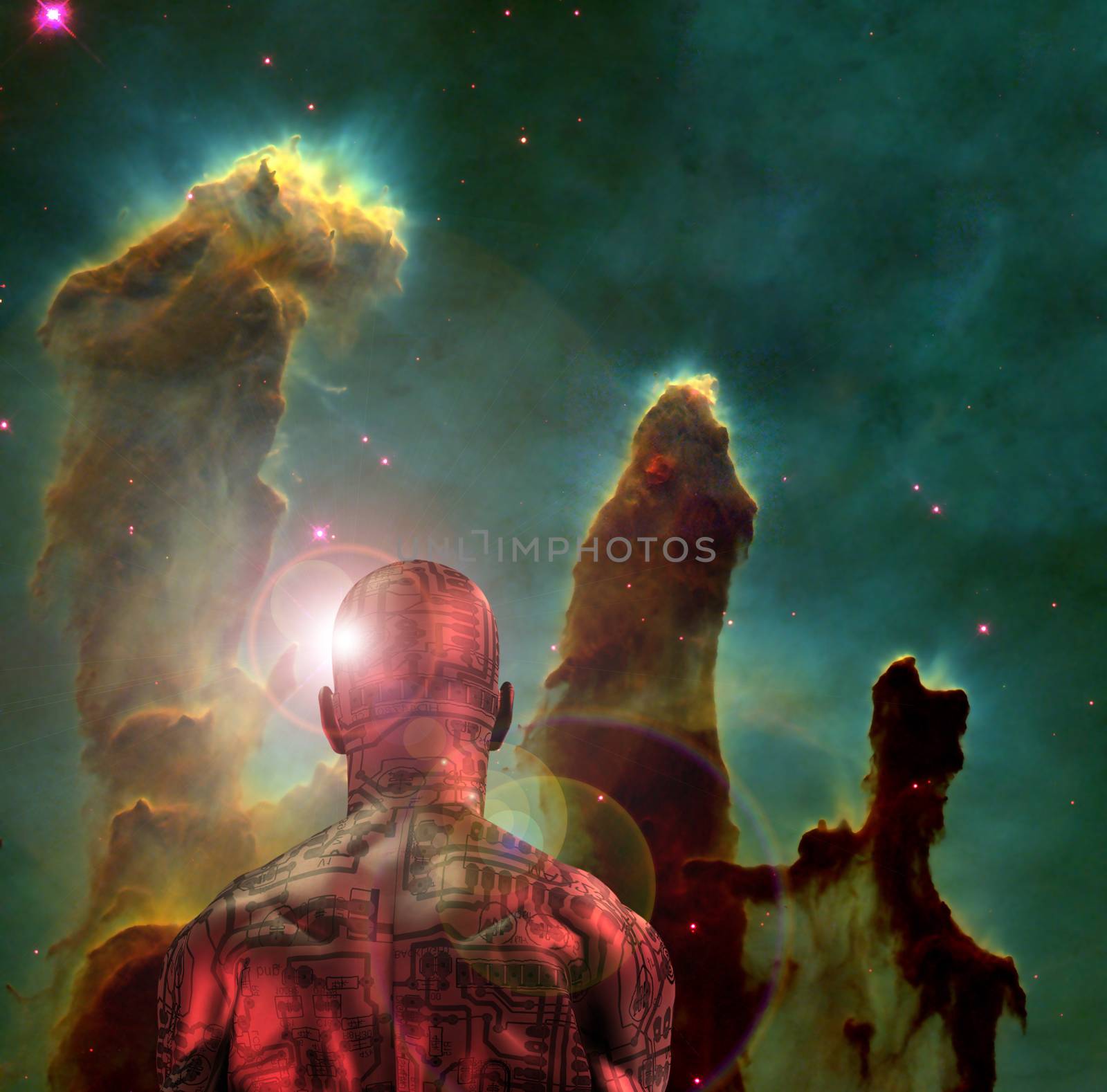 Surreal art. Man with electric circuit pattern on his skin stands before nebula in deep space. 3D rendering