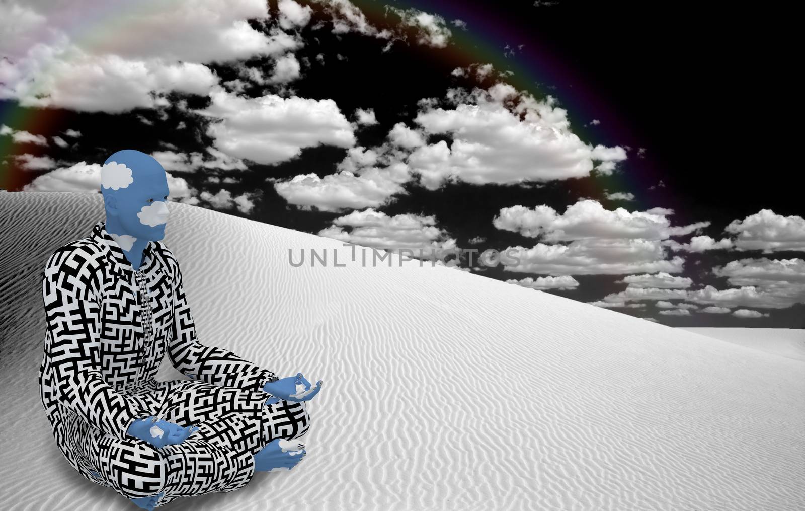 Surrealism. Figure of man in suit with maze pattern sits in lotus pose in white desert. 3D rendering