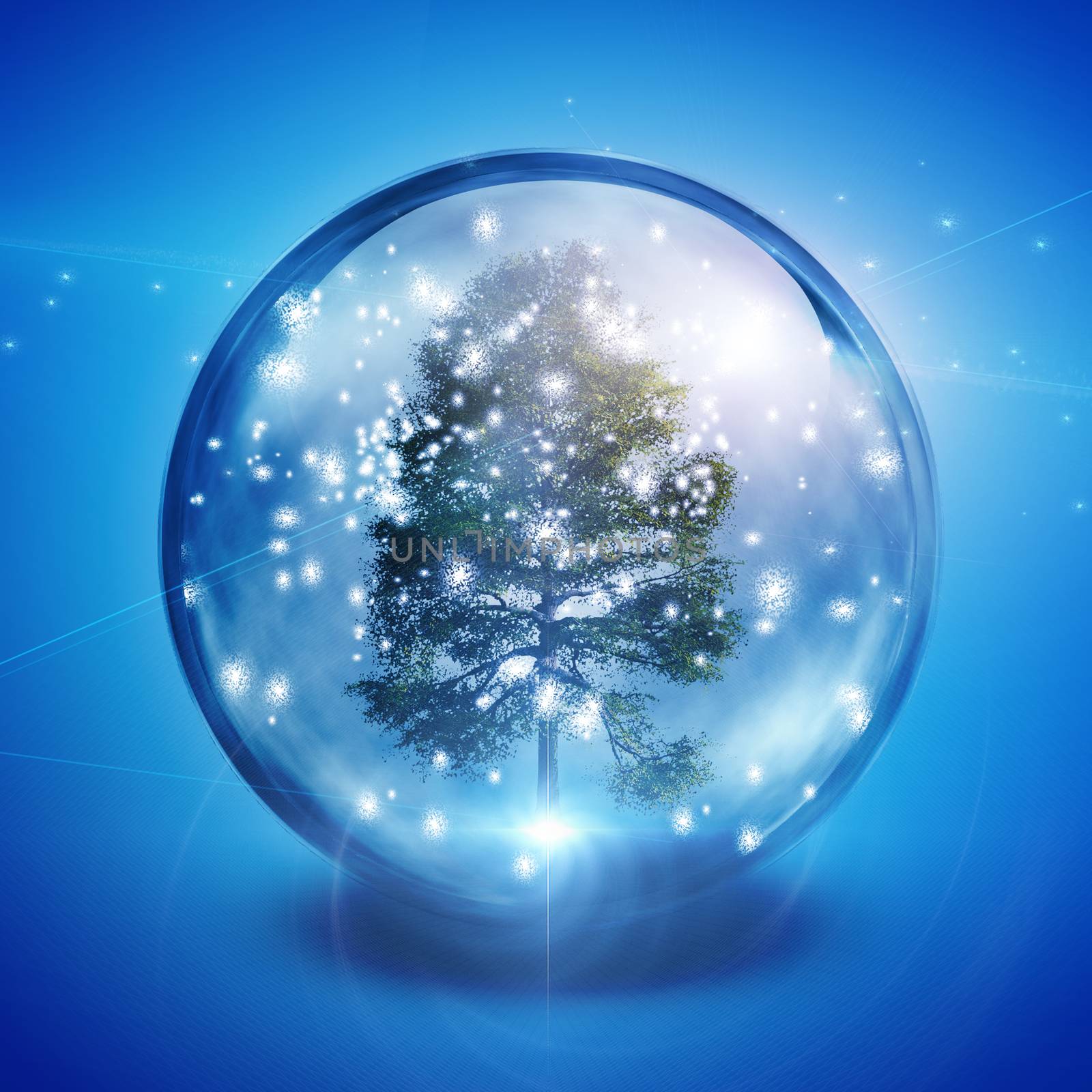 Green tree in crystal ball. 3D rendering