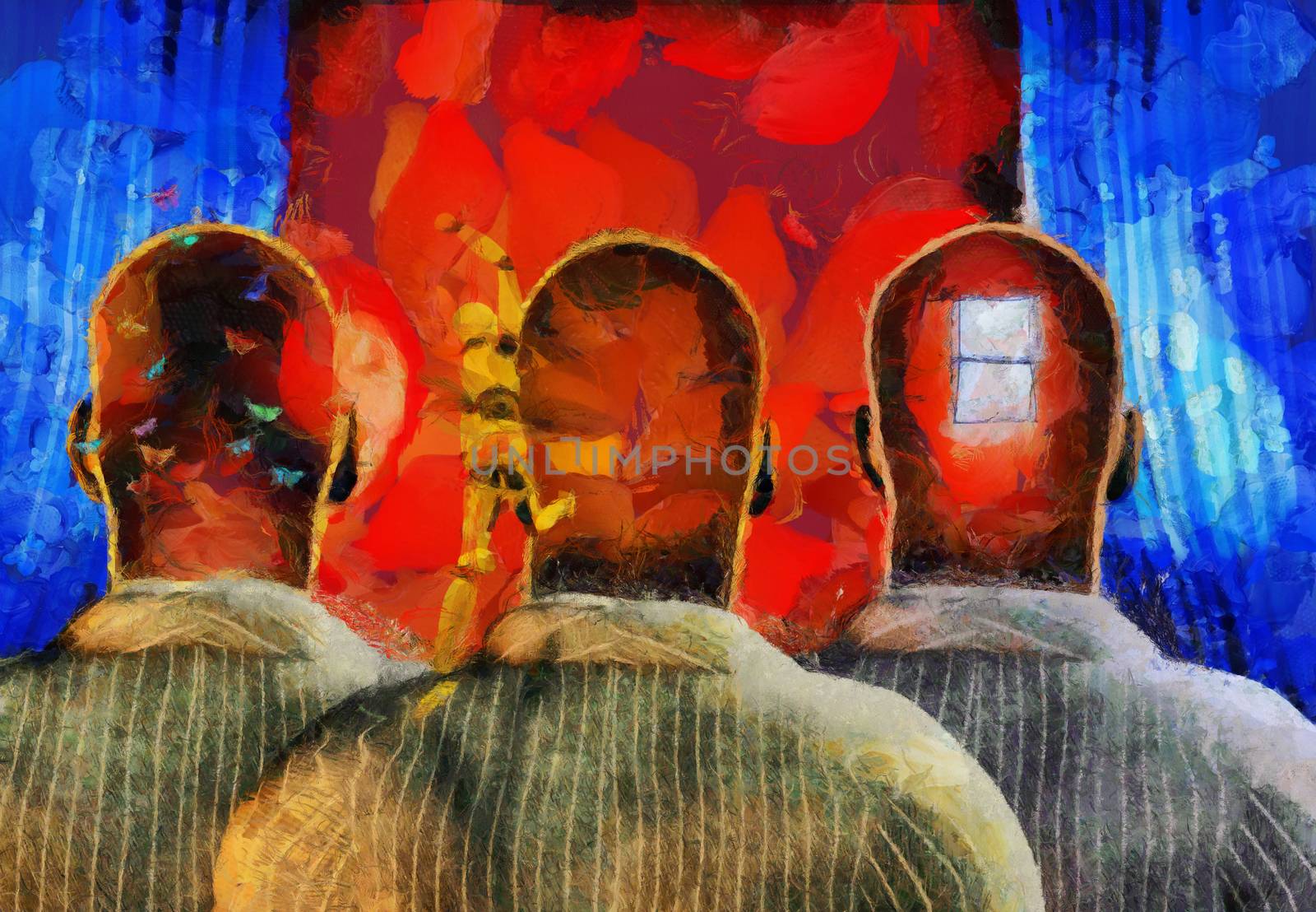 Surreal painting. Men with dreams in their head stands before drapes. Field behind drapes. 3D rendering