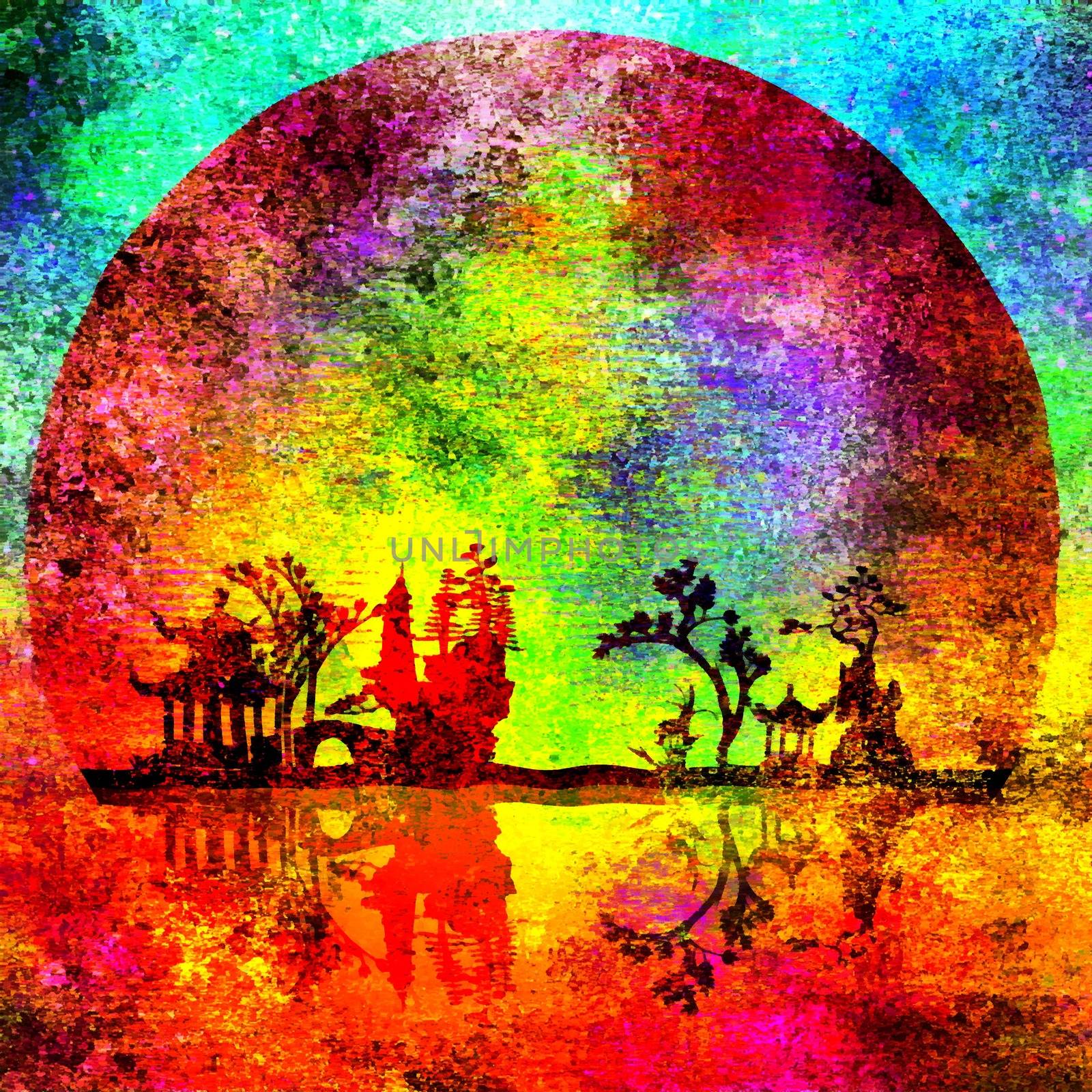 Colorful Asian night silhouettes. 3D rendering