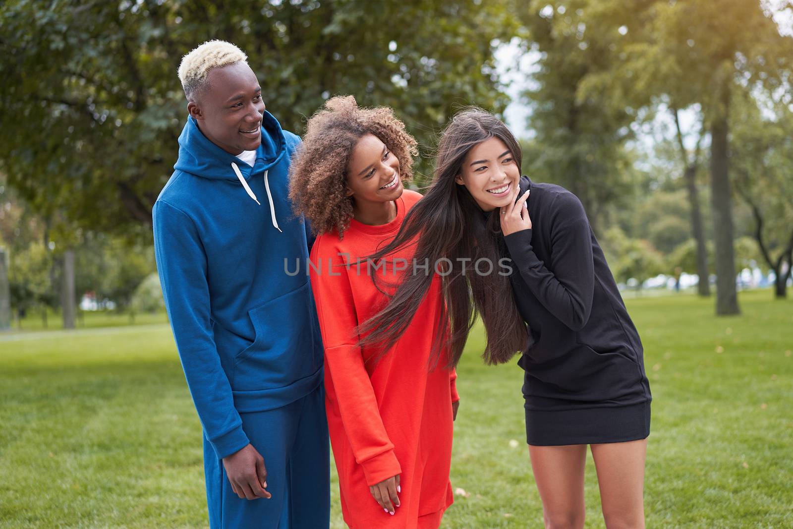 Multi ethnic friends outdoor. Diverse group people Afro american asian spending time together Multiracial male female student meeting outdoors