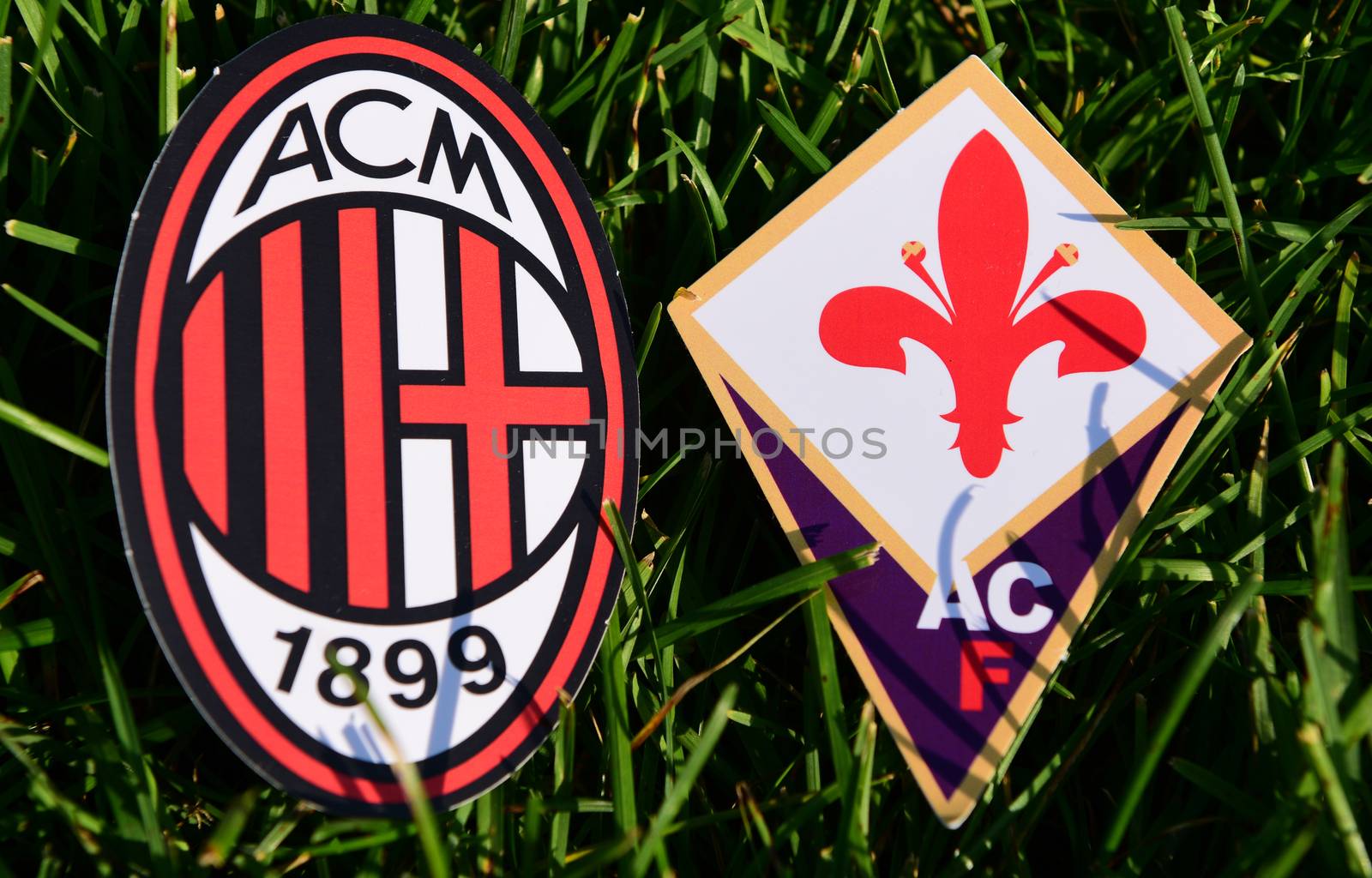 September 6, 2019, Turin, Italy. Emblems of Italian football clubs Milan and Fiorentina Florence on the green grass of the lawn.