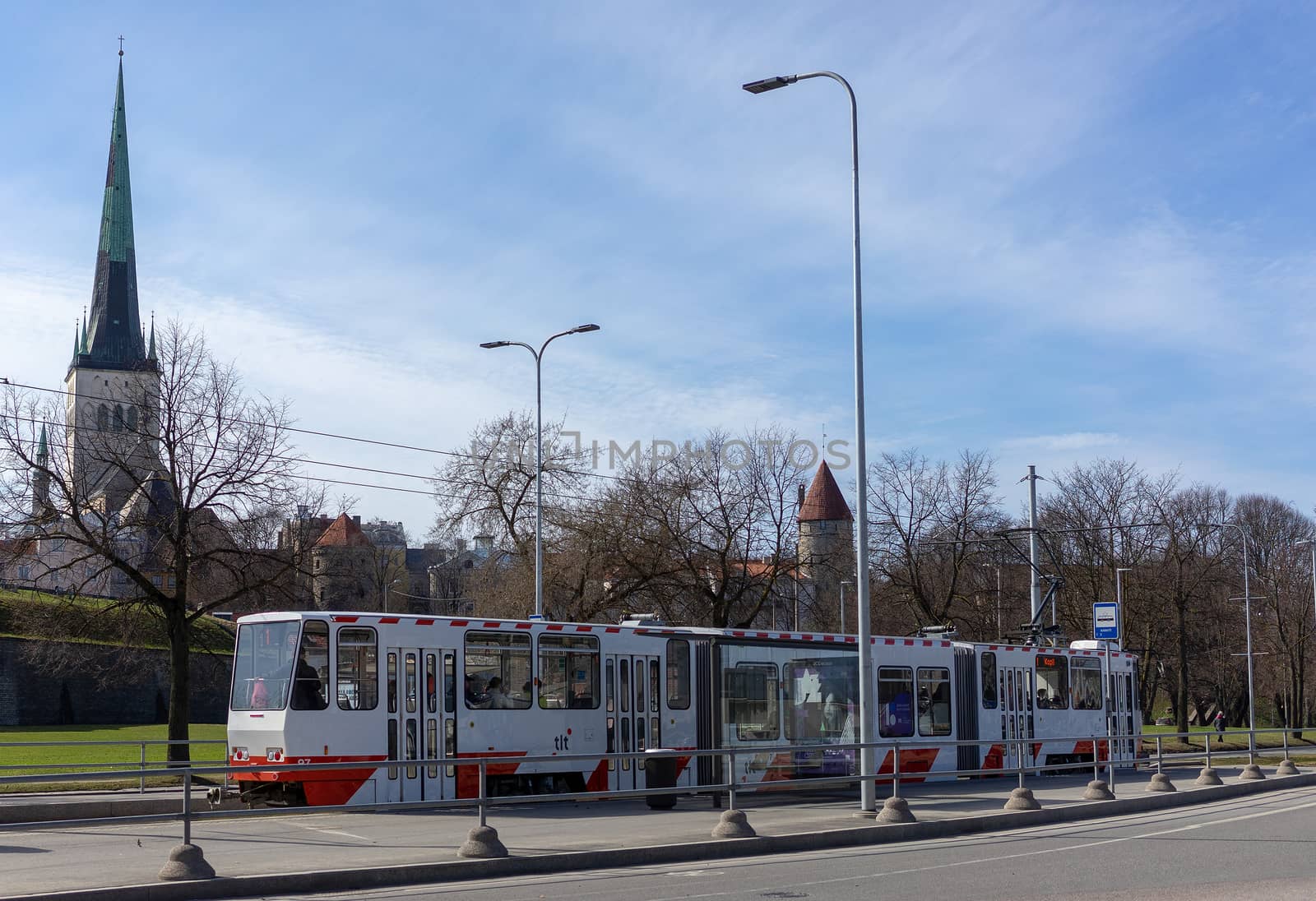 19 April 2019 Tallinn, Estonia. Low-floor tram on one of the streets of the city.