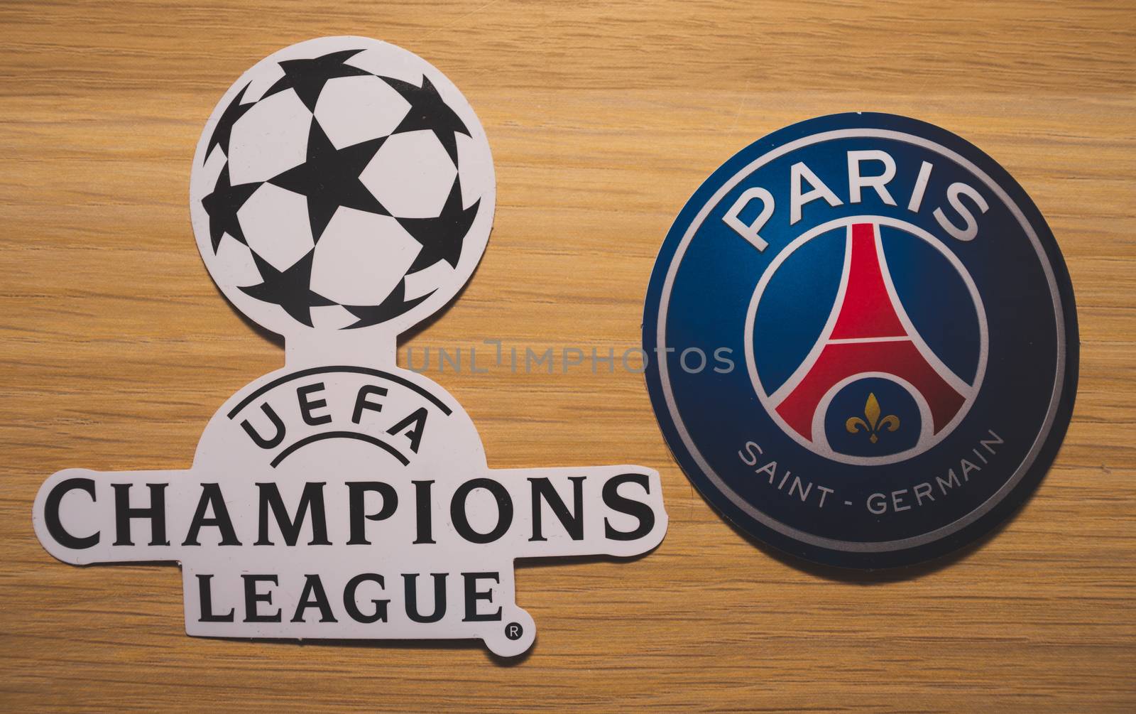 15 December 2018. Nyon Switzerland. The logo of the football club Paris Saint-Germain F.C. and UEFA Champions League.