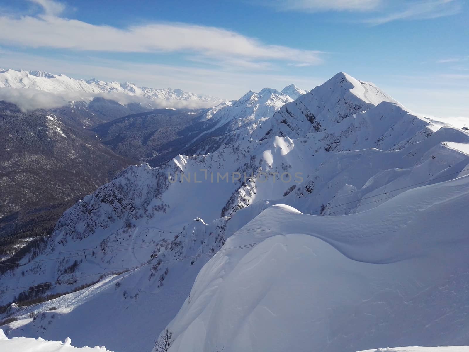 .Winter ski resort view of mountains and slopes.