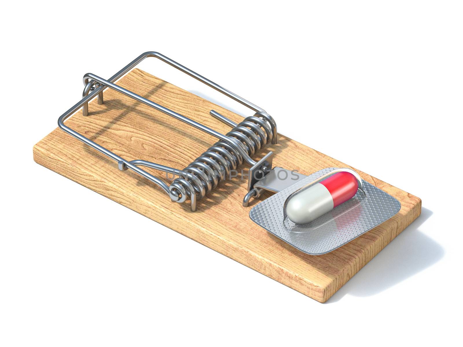 Pill in mousetrap 3D render illustration isolated on white background