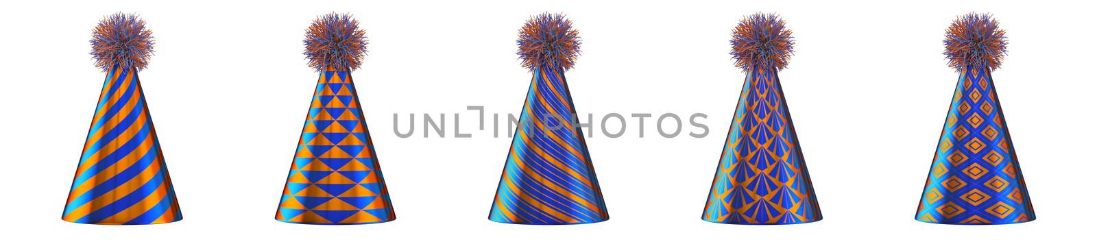 Five blue orange party hats 3D render illustration isolated on white background