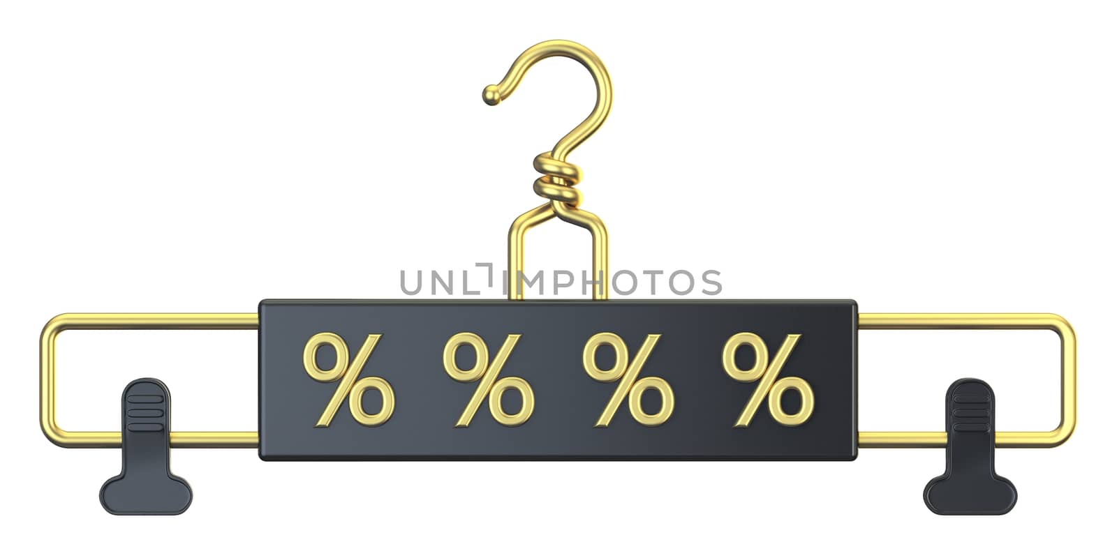 Black cloth hanger with PERCENT text 3D render illustration isolated on white background
