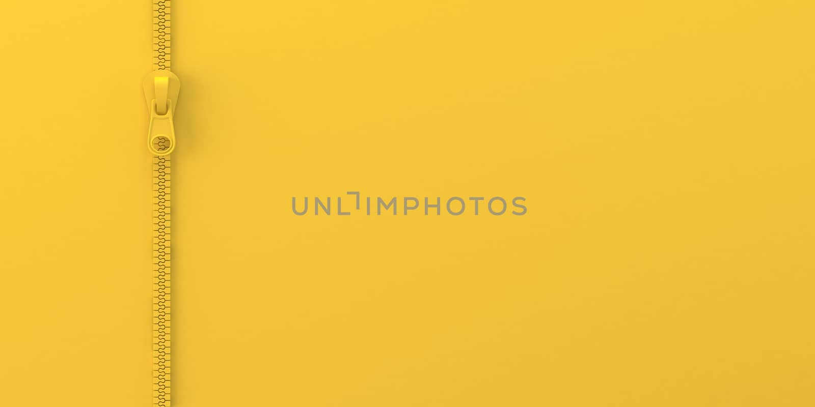 Yellow vertical zipper 3D render illustration isolated on yellow background