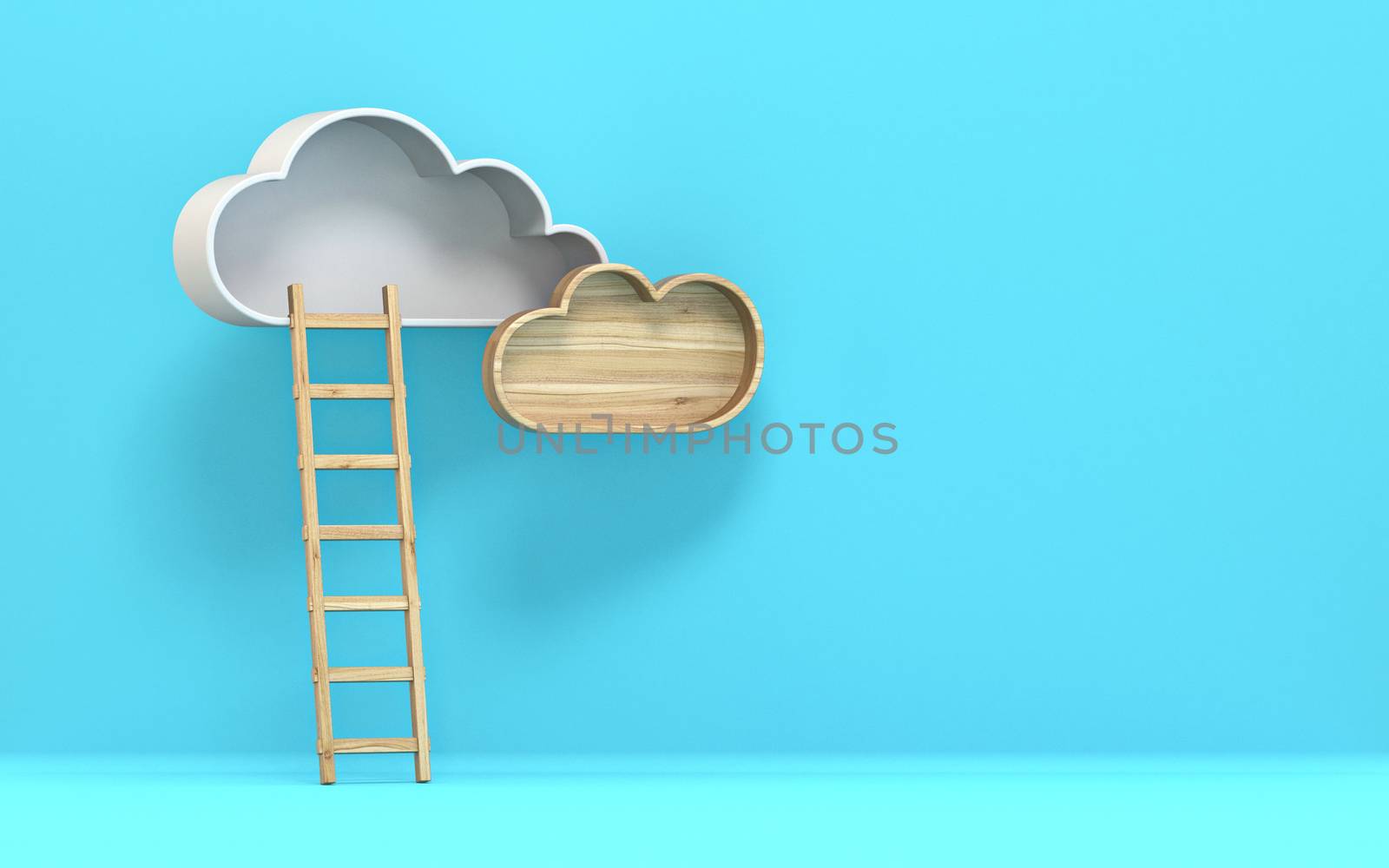 Cloud with ladder 3D render illustration on blue background