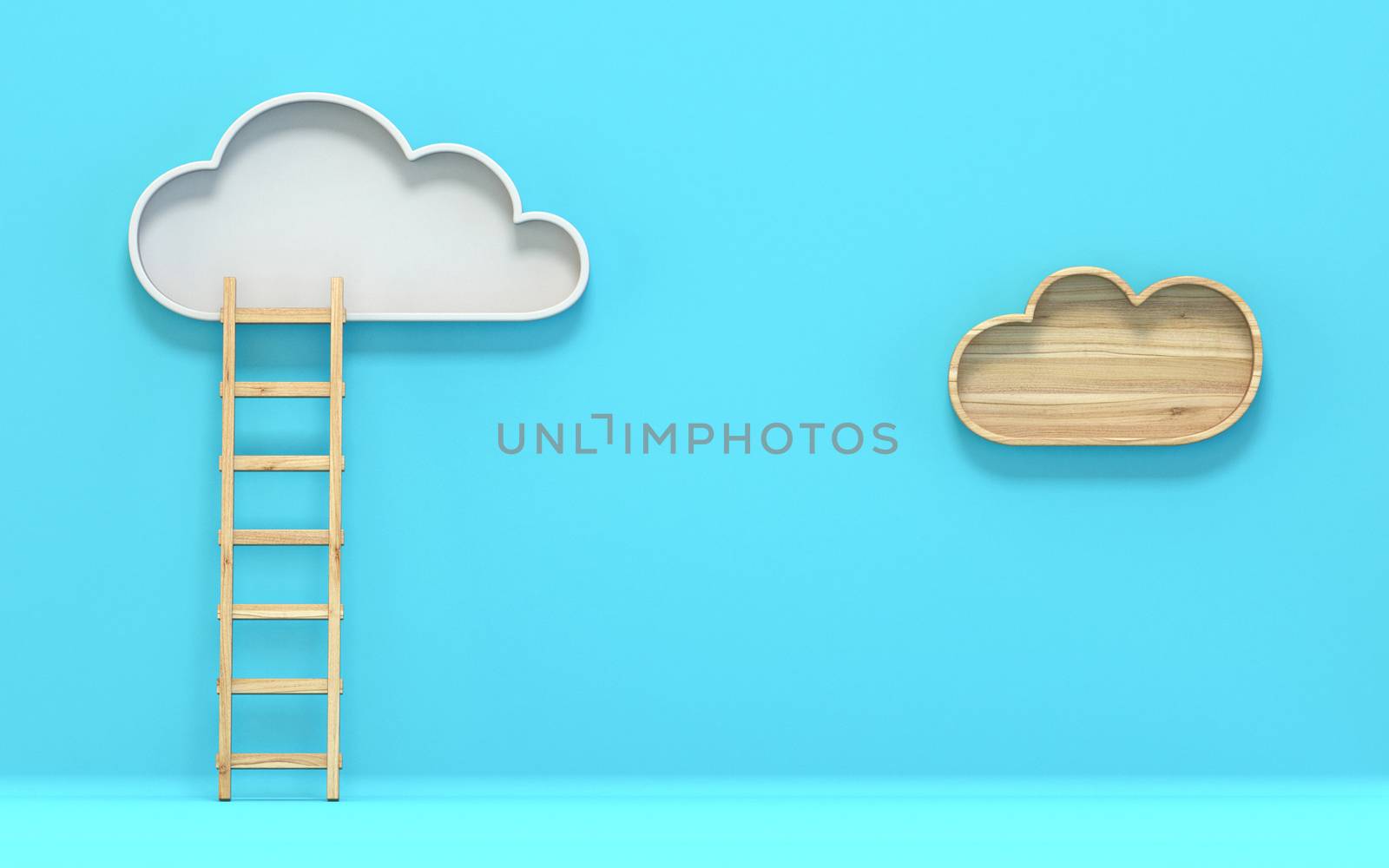 Cloud with ladder 3D render illustration on blue background