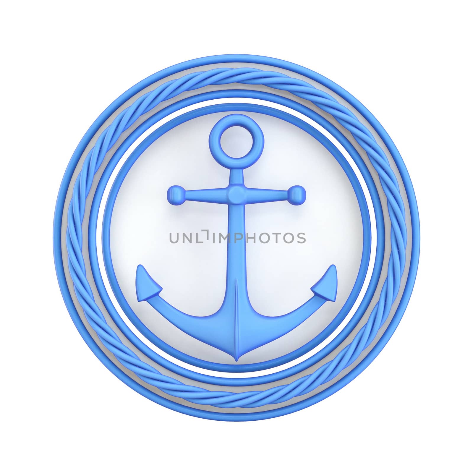 White blue anchor, circle and rope 3D render illustration isolated on white background