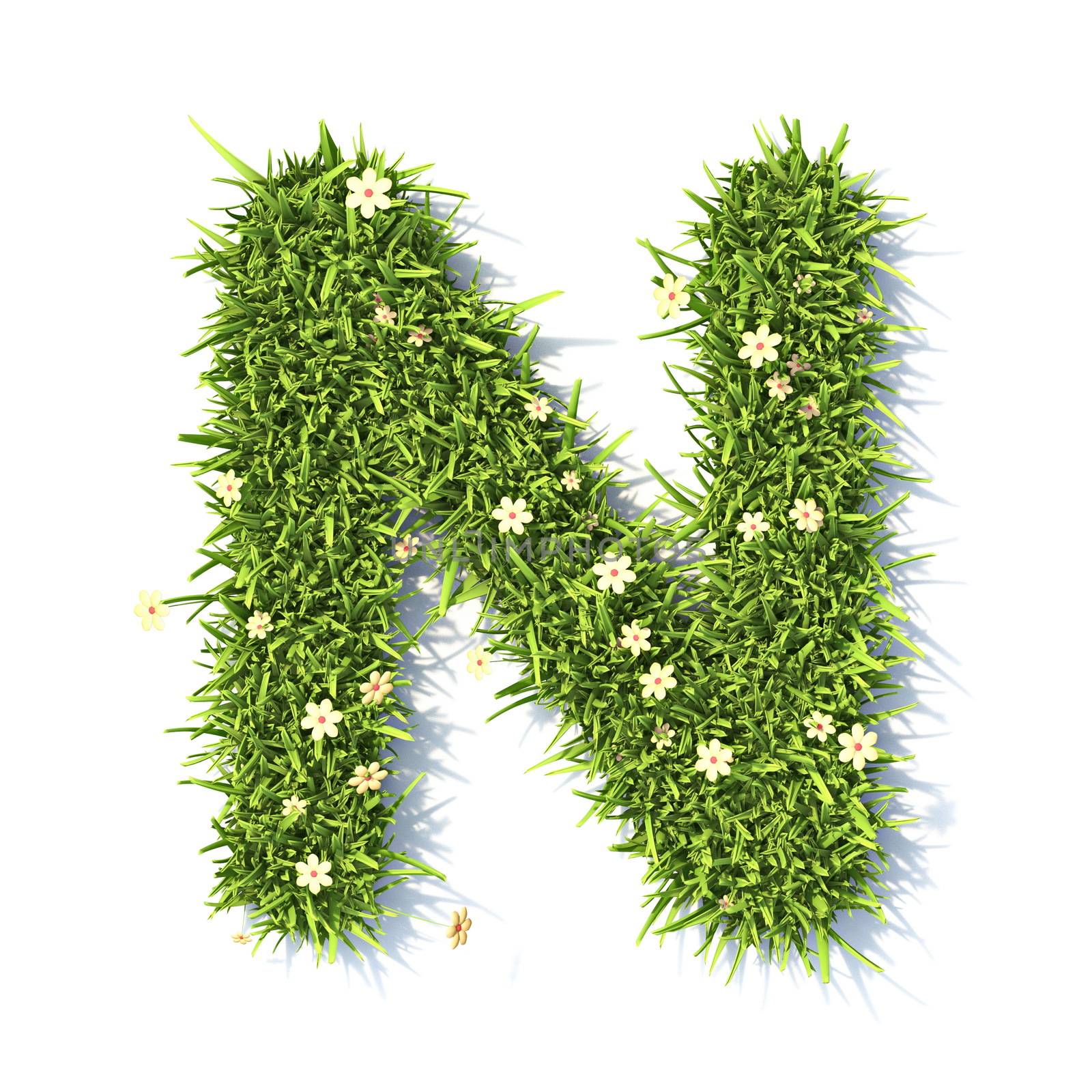 Grass font Letter N 3D rendering illustration isolated on white background