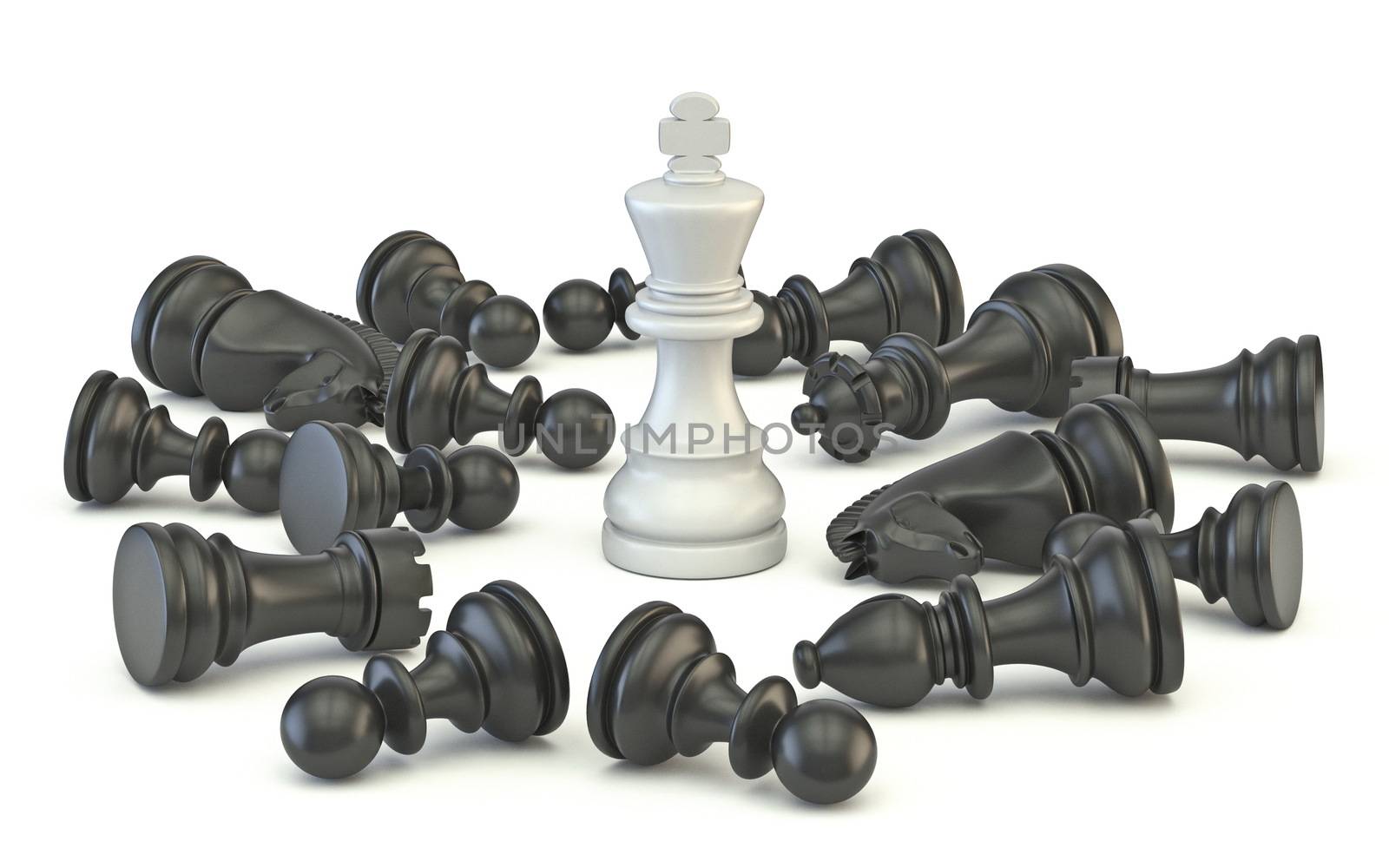 White king standing chess pieces 3D render illustration isolated on white background