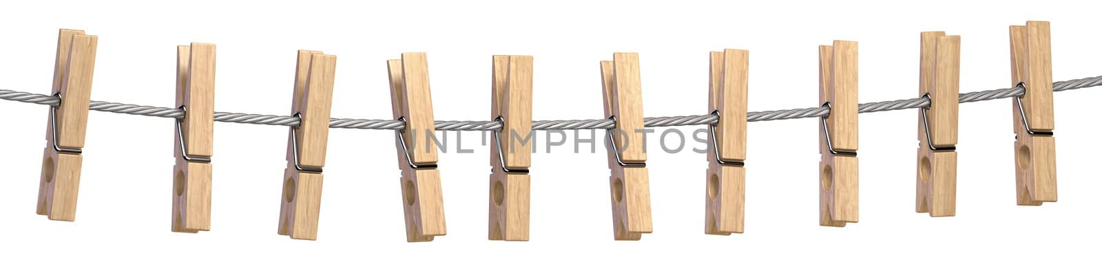 Wooden clothes pin on rope 3D render illustration isolated on white background