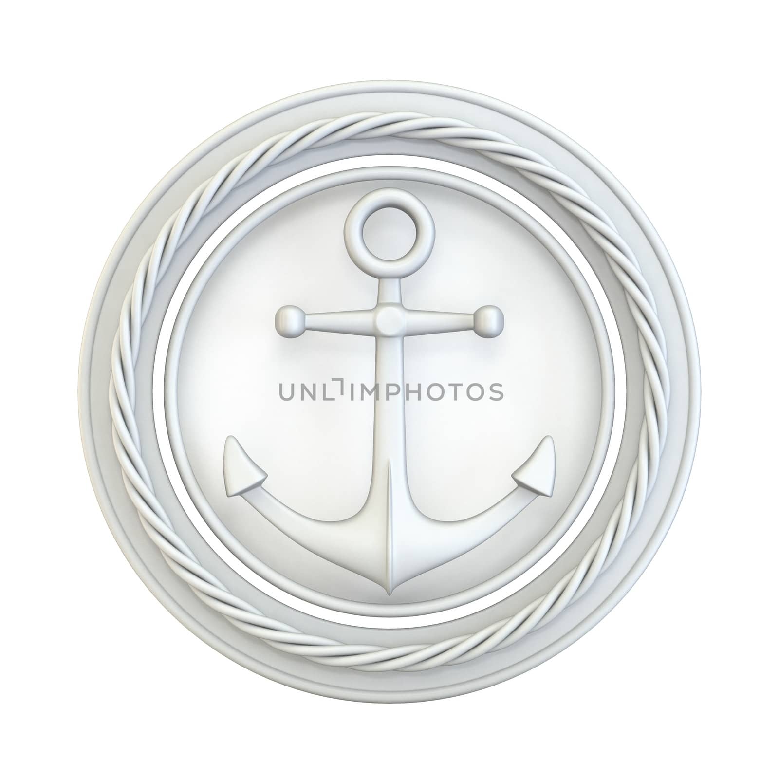 White anchor, circle and rope 3D render illustration isolated on white background