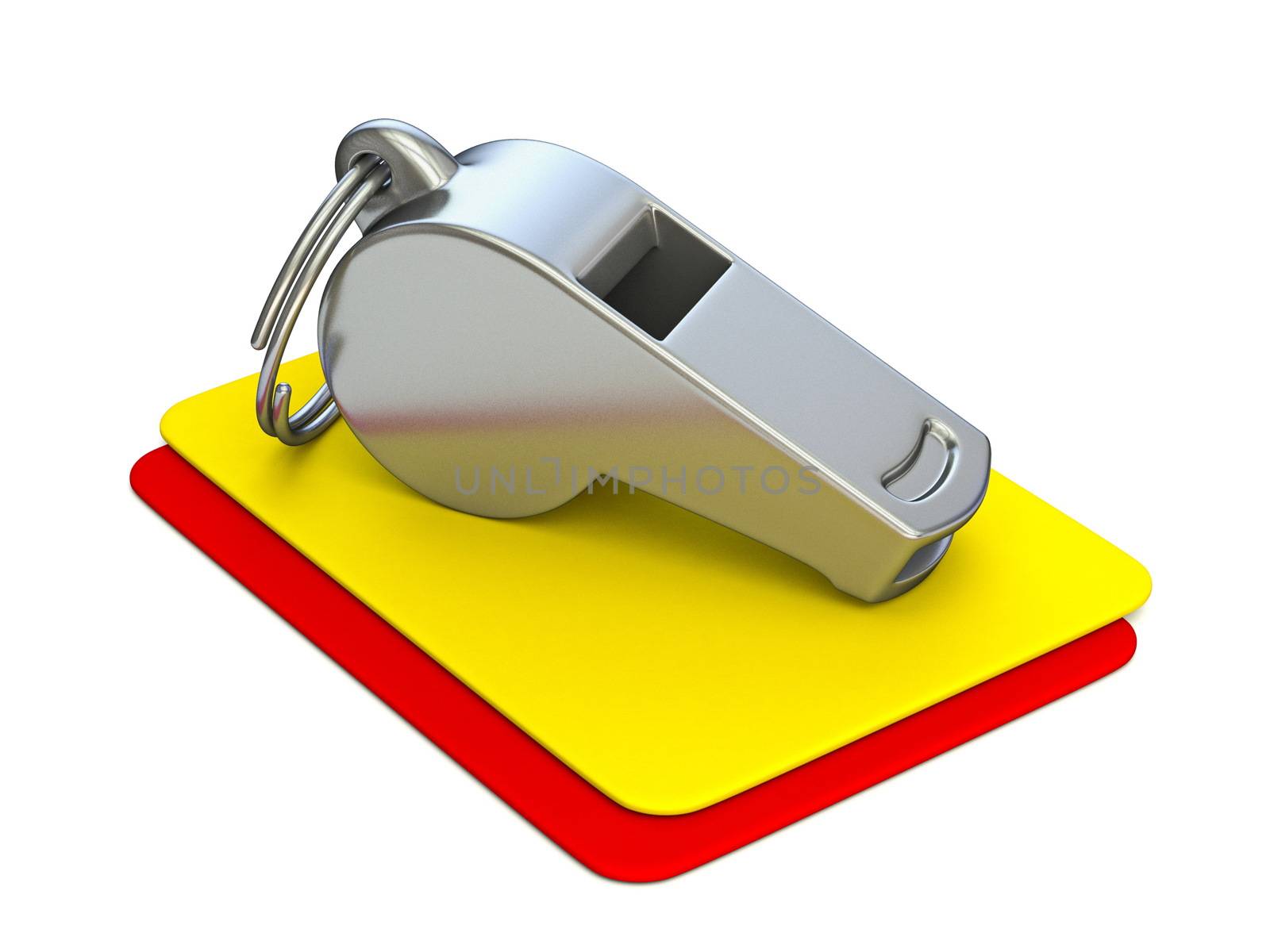 Metal whistle, yellow and red card 3D render illustration isolated on white background