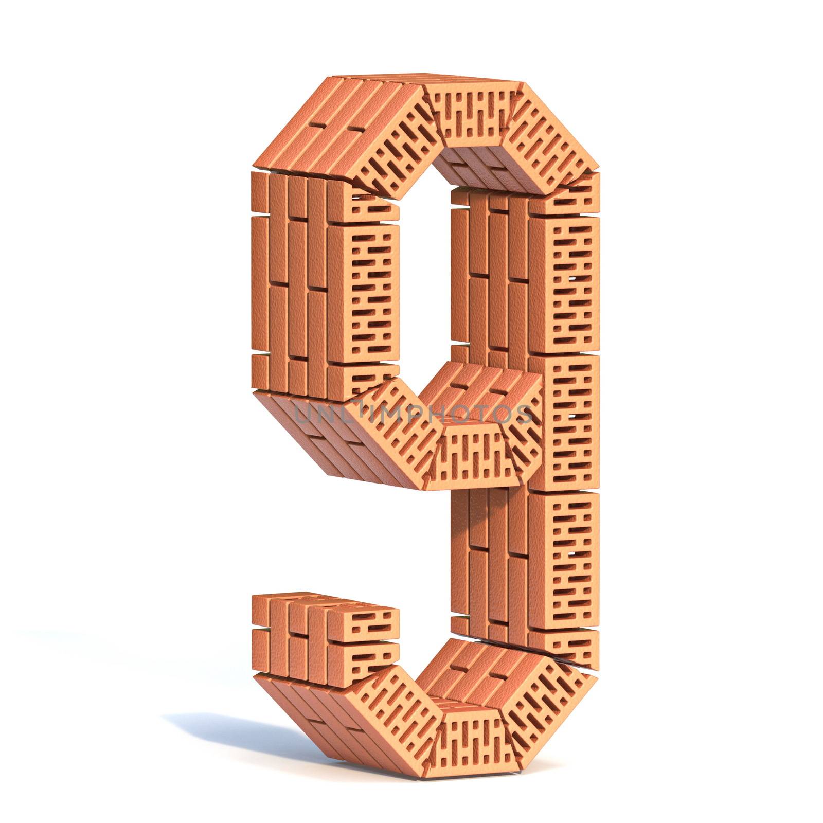 Brick wall font Number 9 NINE 3D render illustration isolated on white background