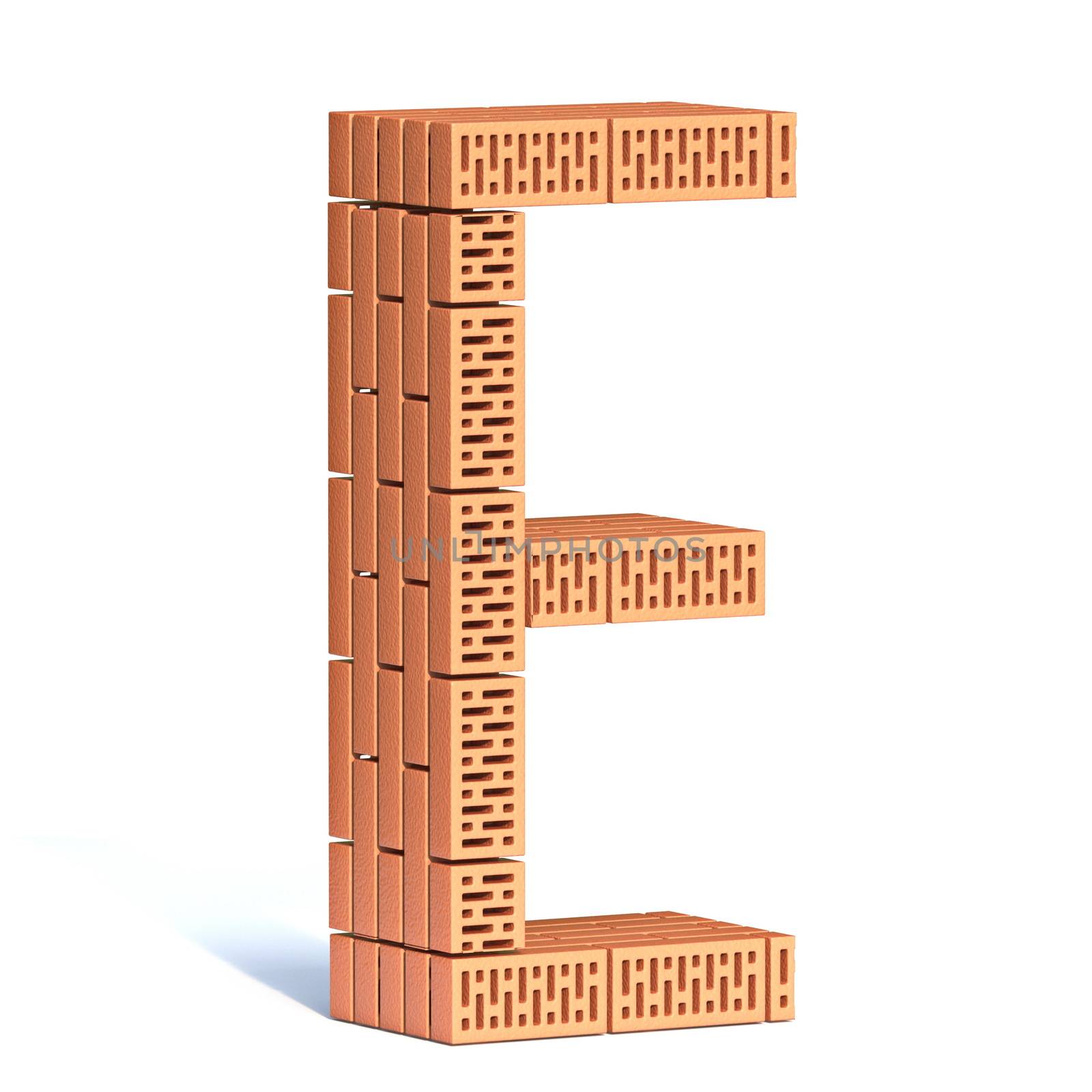 Brick wall font Letter E 3D render illustration isolated on white background