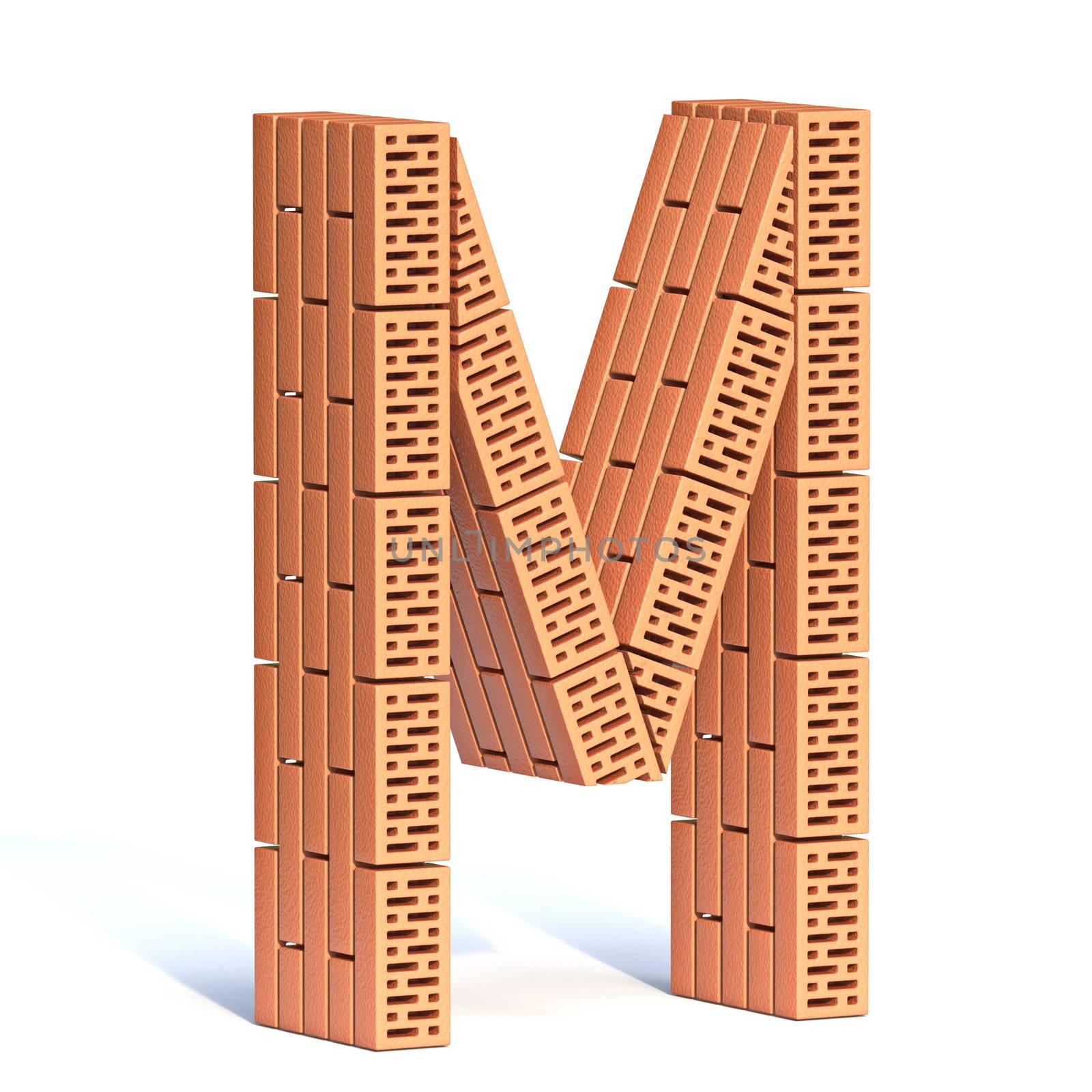 Brick wall font Letter M 3D render illustration isolated on white background