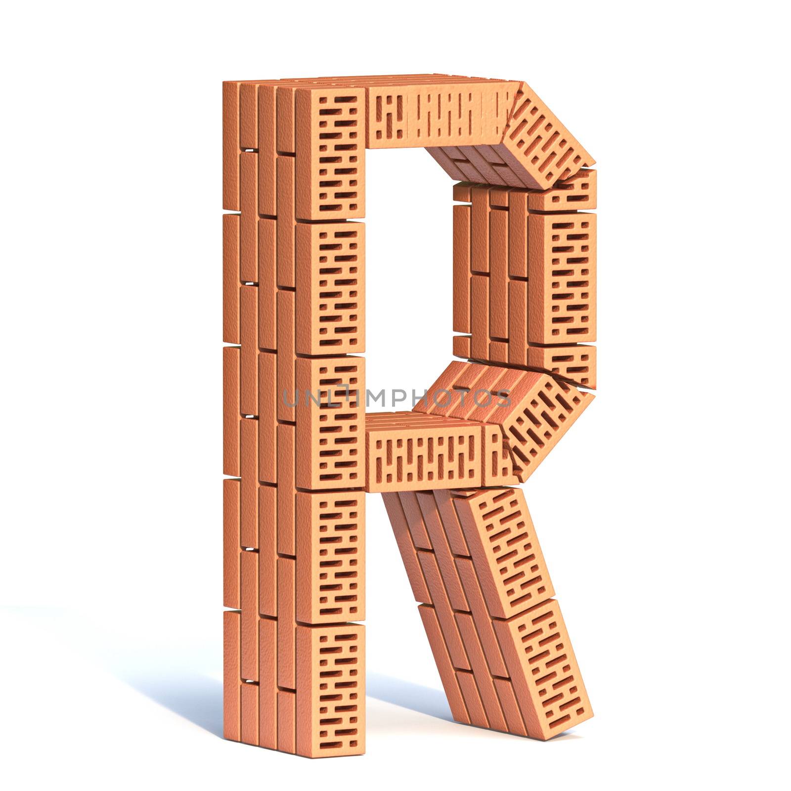 Brick wall font Letter R 3D render illustration isolated on white background