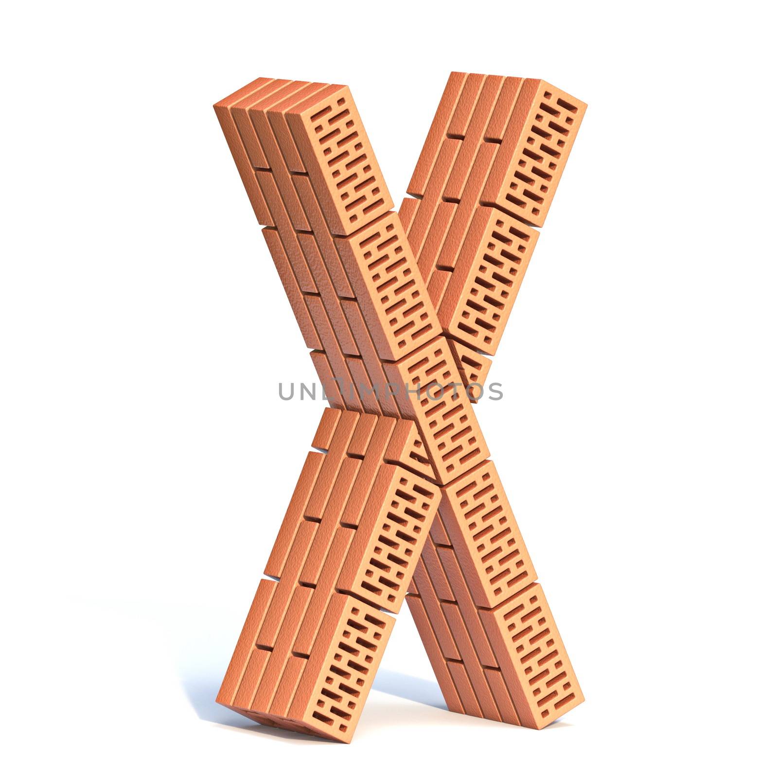 Brick wall font Letter X 3D render illustration isolated on white background