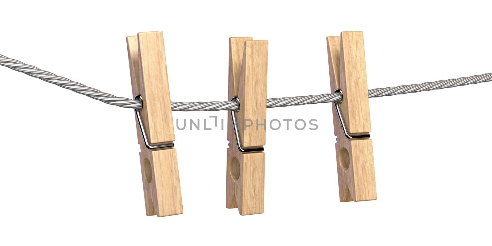 Three clothes pins on rope 3D render illustration isolated on white background