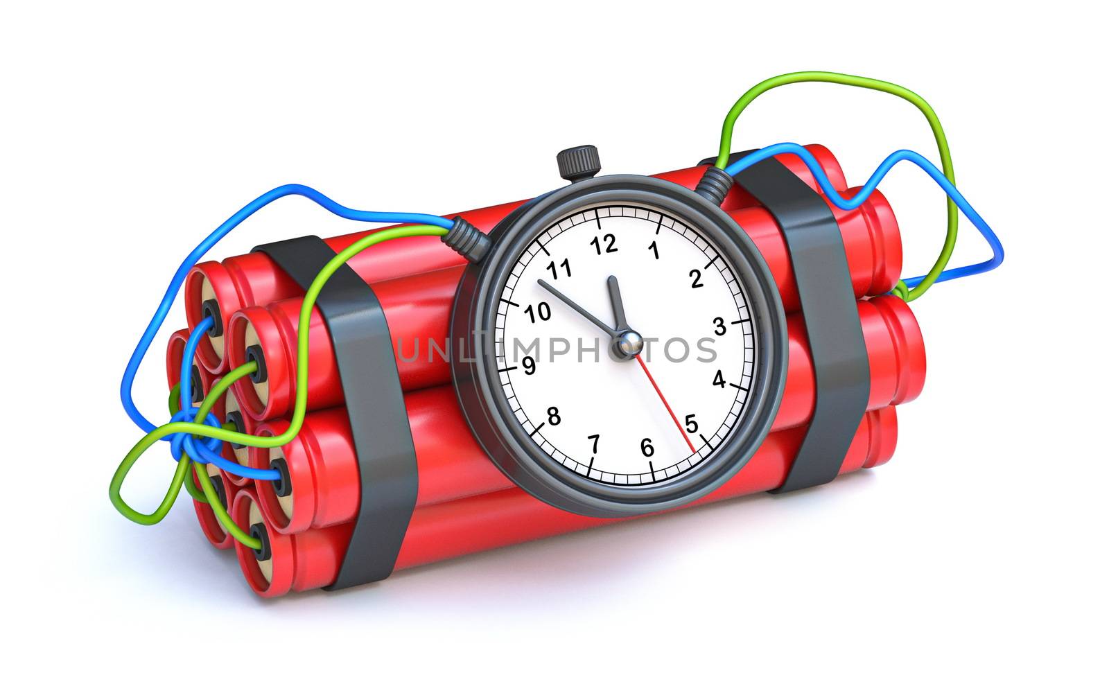 Dynamite with clock timer 3D render illustration isolated on white background